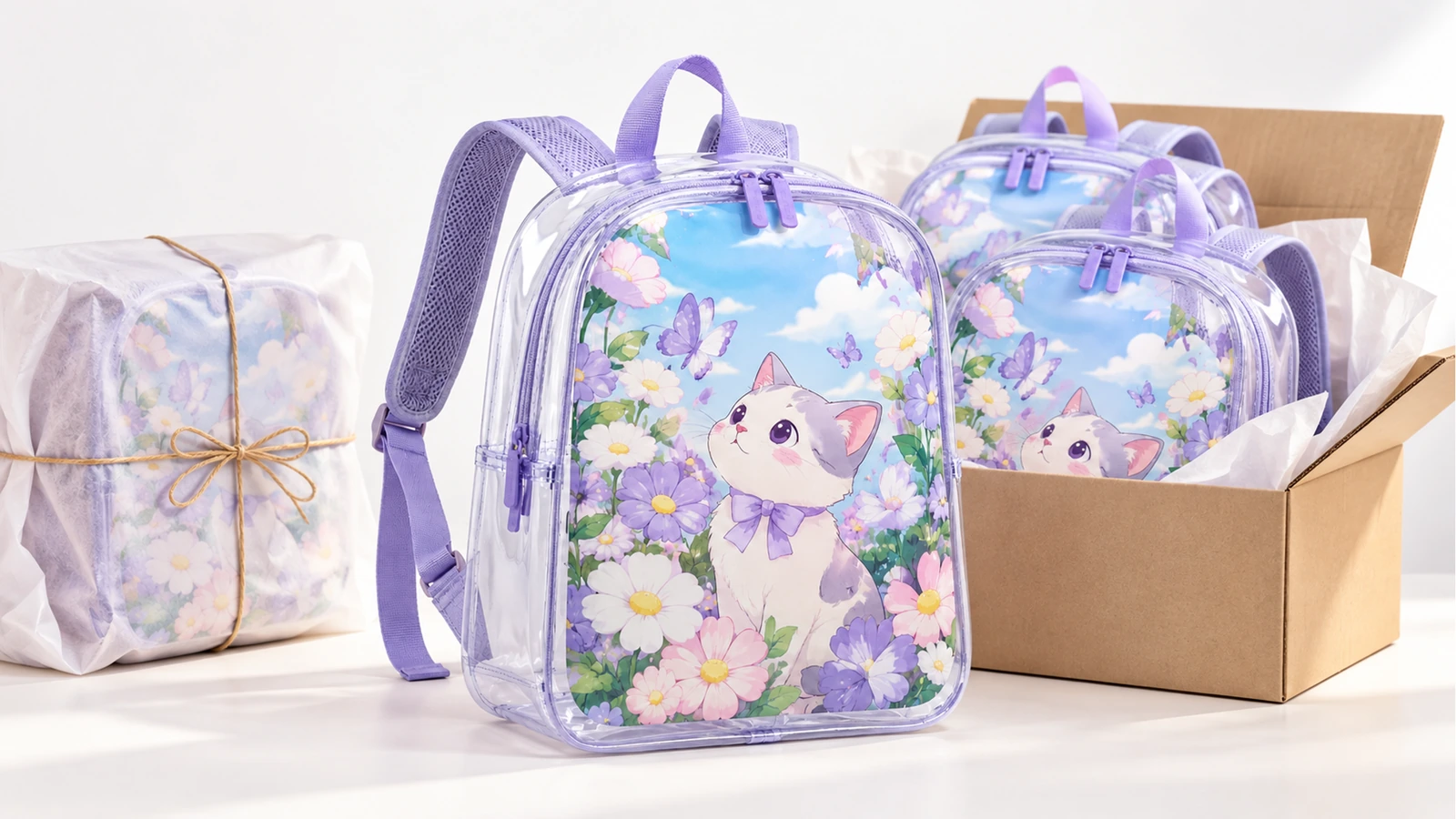 Rucksäcke mit Blumen-Kätzchen-Motiv neben einem verpackten Paket und einem geöffneten Karton