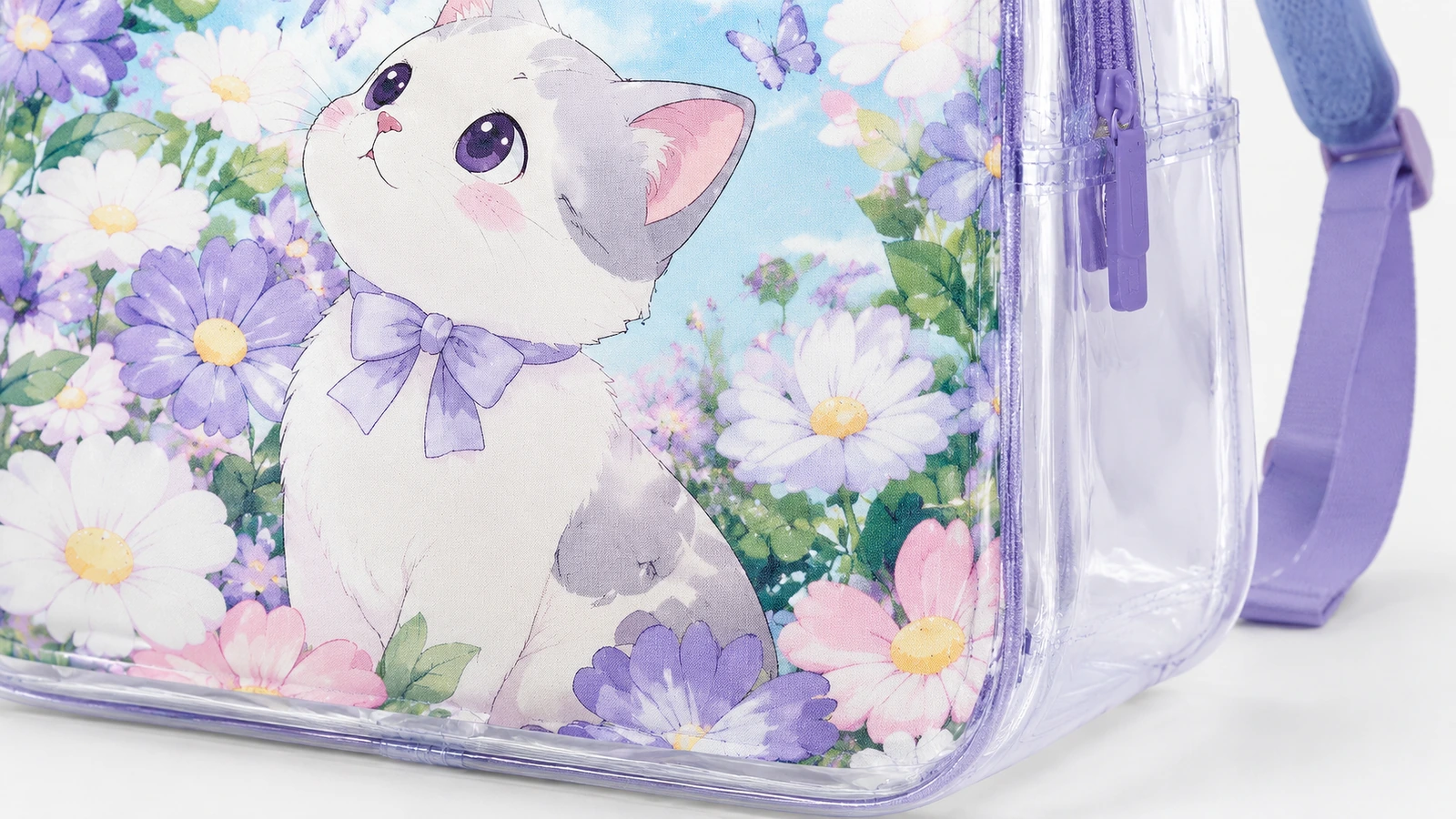 Nahaufnahme des Kätzchen-und-Blumen-Motivs, der klaren Seitenfläche und des lila Rucksackgurts