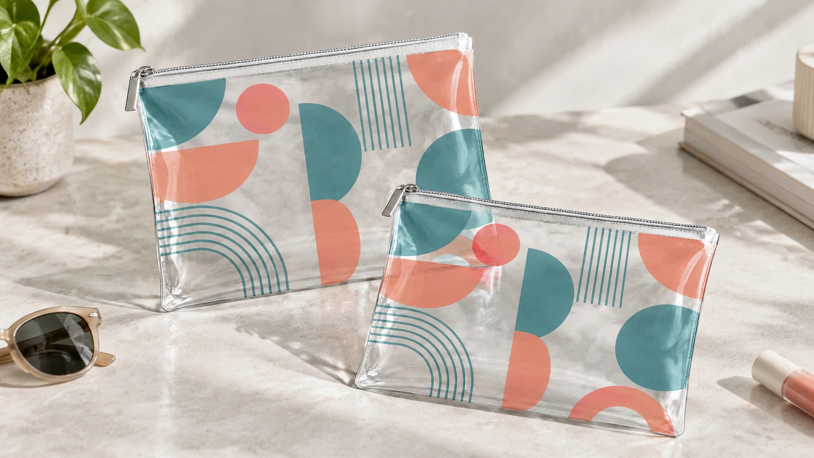 Zwei bedruckte transparente Reißverschlussbeutel auf einem Tisch neben persönlichen Accessoires