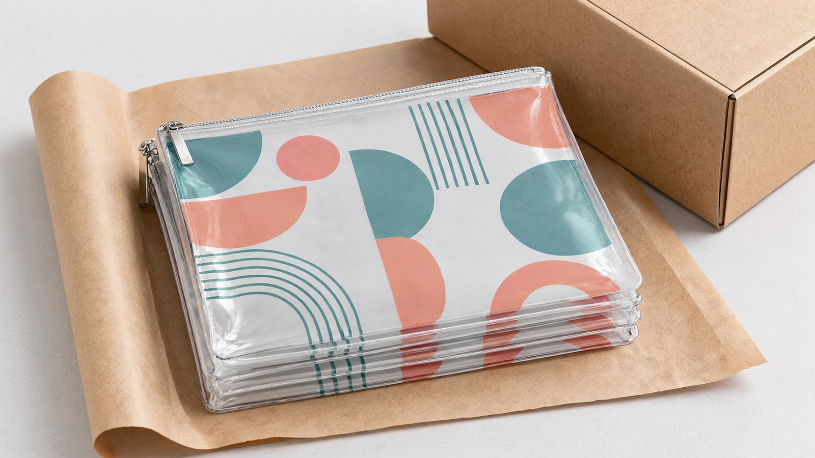 Gestapelte transparente Reißverschlussbeutel auf Kraftpapier neben einem Karton