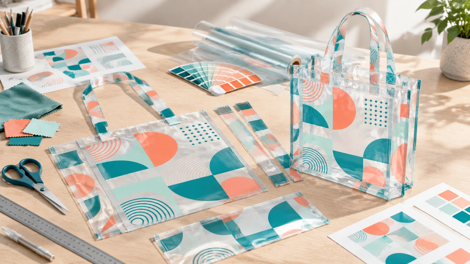 Bauteile transparenter Tragetaschen mit geometrischem Druck und eine montierte Tasche neben Druckvorlage, Materialmustern und Werkzeugen