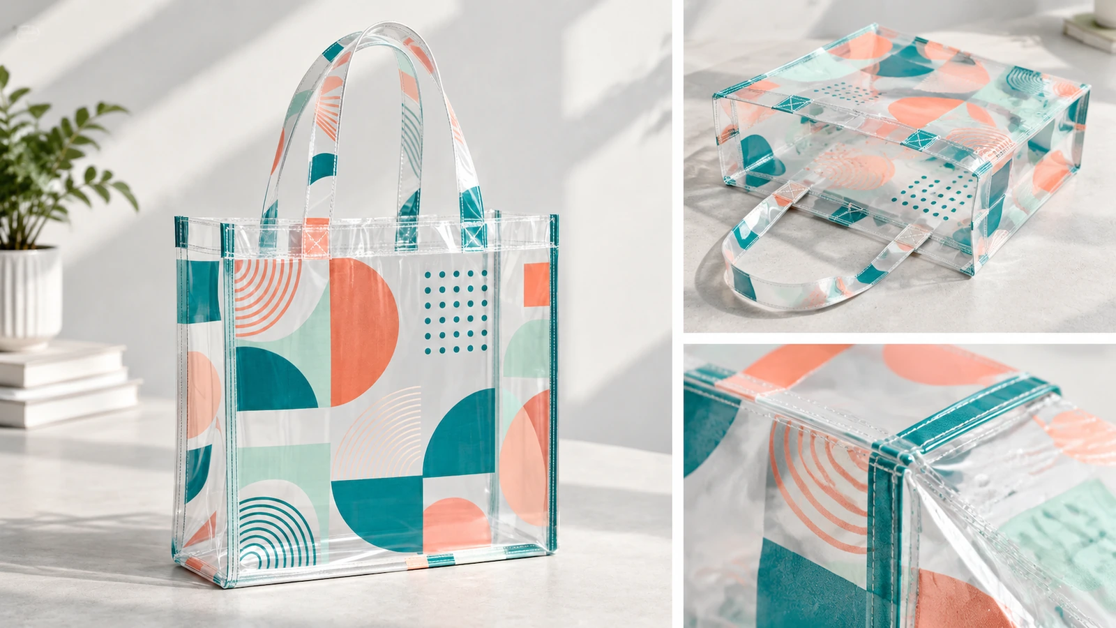 Präsentation transparenter Tragetaschen mit eingesetzten Detailaufnahmen gefalteter Taschen und Nähte