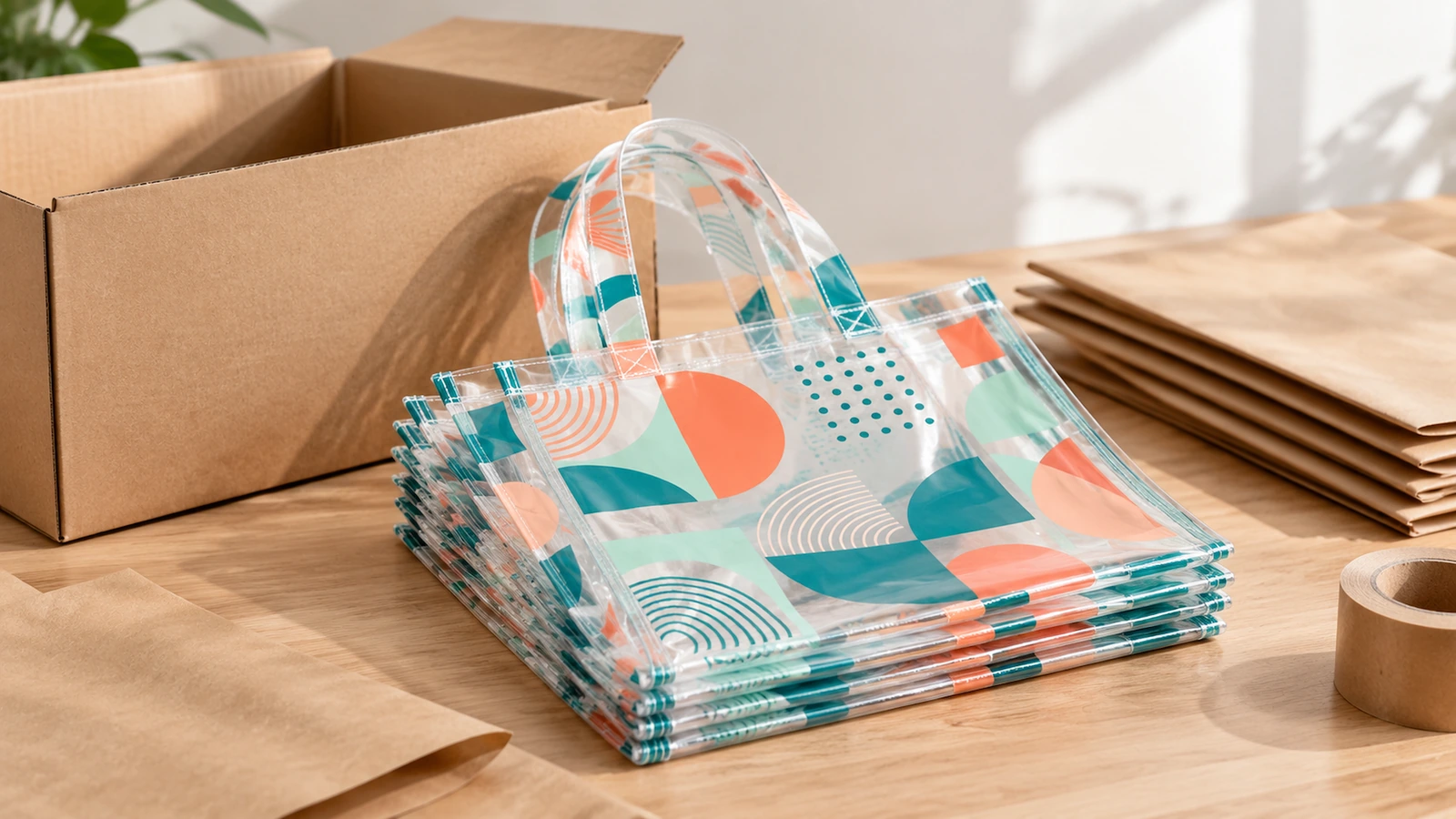Gestapelte transparente Tragetaschen neben einem Karton, Kraftpapier und Verpackungsklebeband