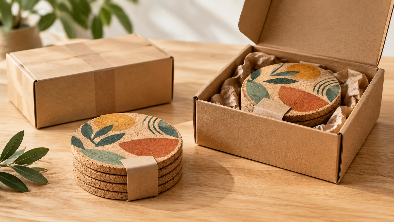 Geschenkverpackung mit Korkuntersetzern Bündel bedruckter Korkuntersetzer mit Papierbanderolen neben einer geöffneten Geschenkbox aus Kraftpapier