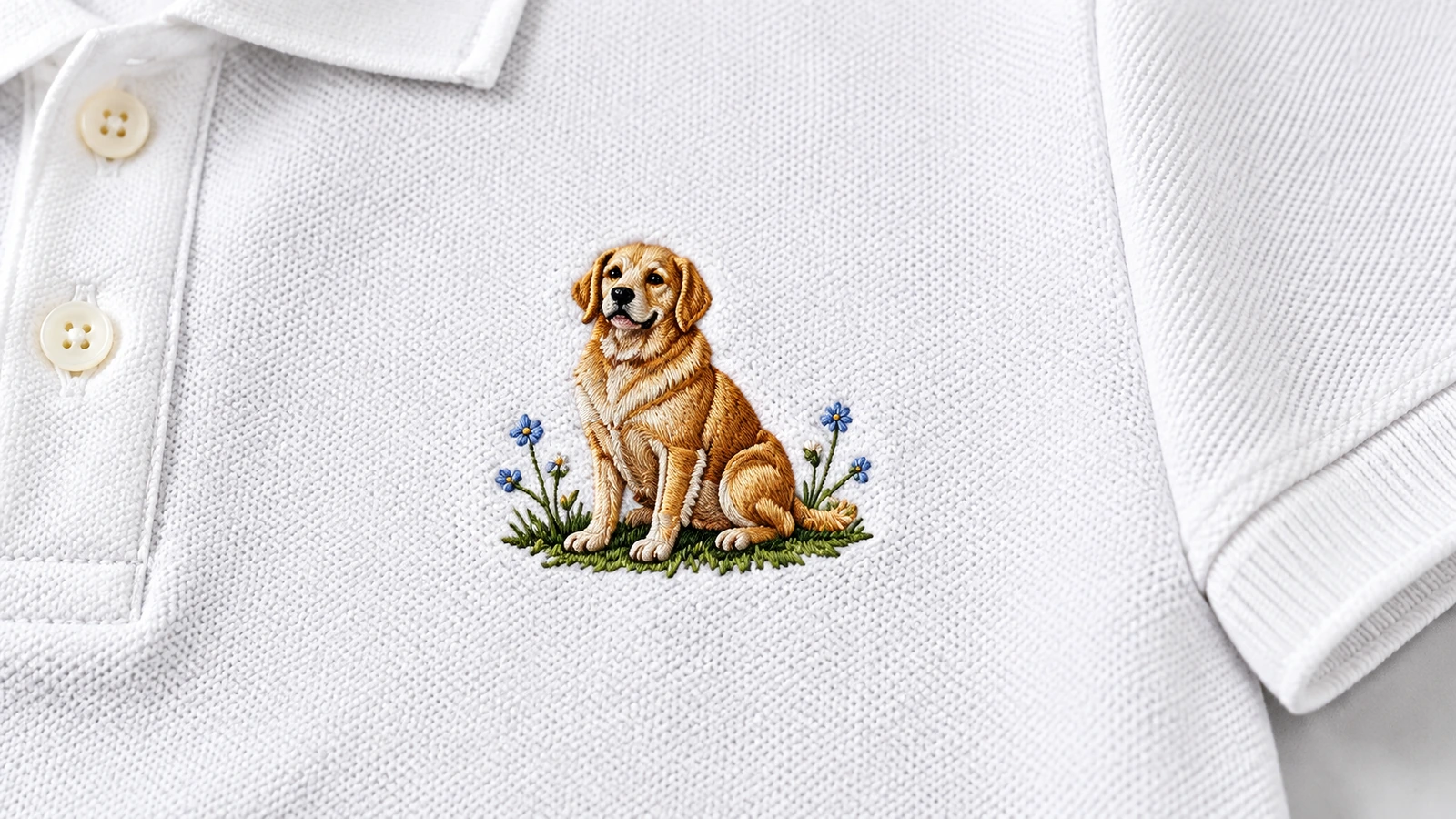 Hundestickerei auf strukturiertem weißem Stoff Nahaufnahme einer Hundestickerei mit kleinen Blumen auf strukturiertem weißem Poloshirt-Stoff