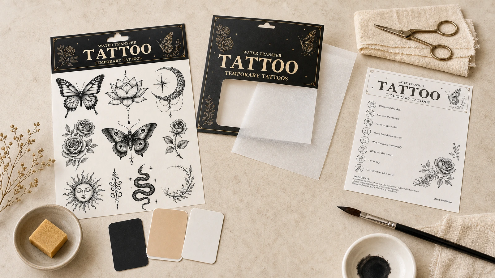 Schwarzer Linienzeichnungs-Tattoo-Bogen neben Verpackung, Schere und einer Anleitungskarte