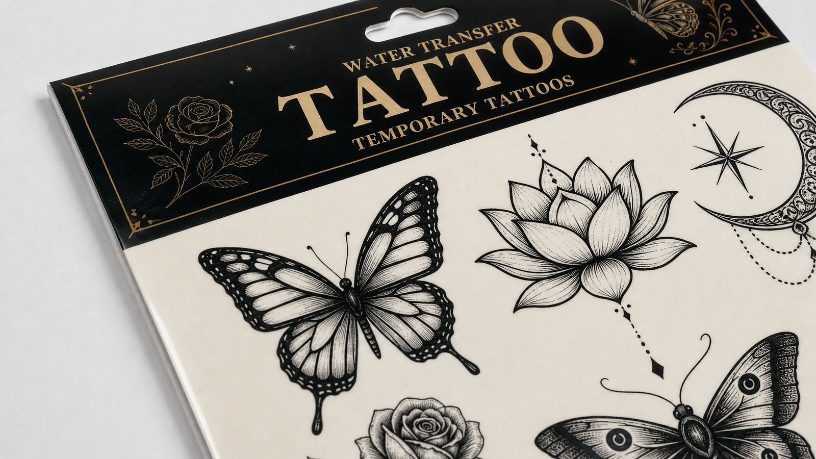 Nahaufnahme von Schmetterlings-, Lotus- und Halbmondmotiven unter einer schwarzen Tattoo-Überschrift