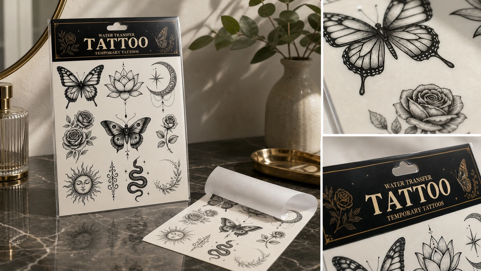 Collage aus einem Tattoo-Bogen, abgerolltem Trägerpapier und Detailaufnahmen der Motive