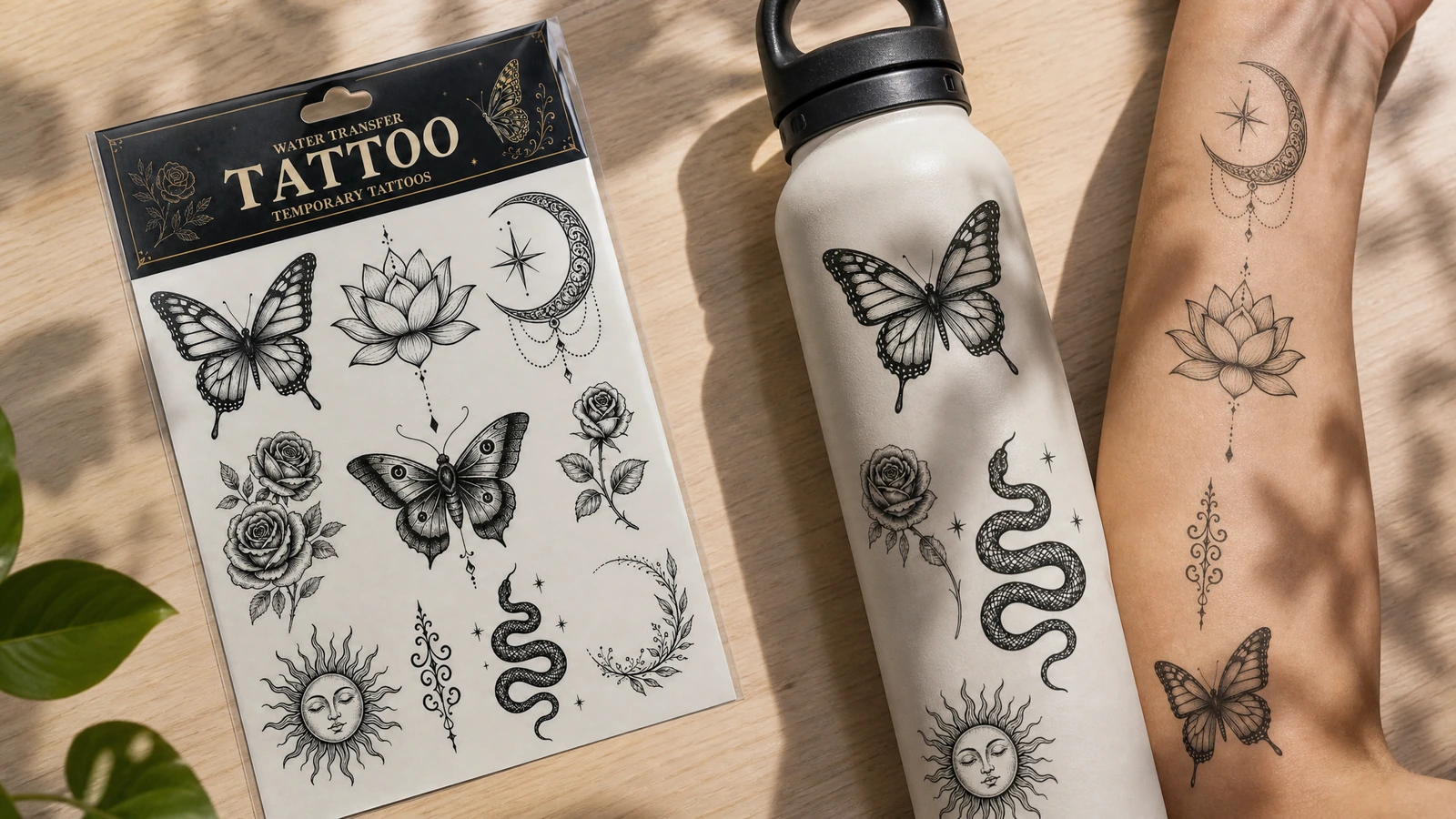 Tattoo-Bogen neben einer verzierten Flasche und einem Unterarm mit passenden Motiven