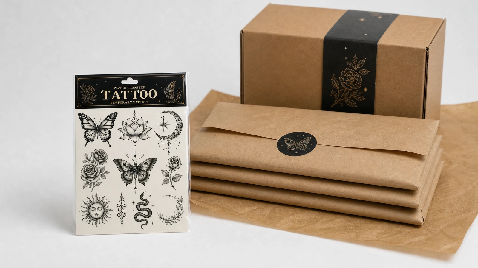 Tattoo-Bogen neben gestapelten Kraftpapier-Umschlägen und einem braunen Karton