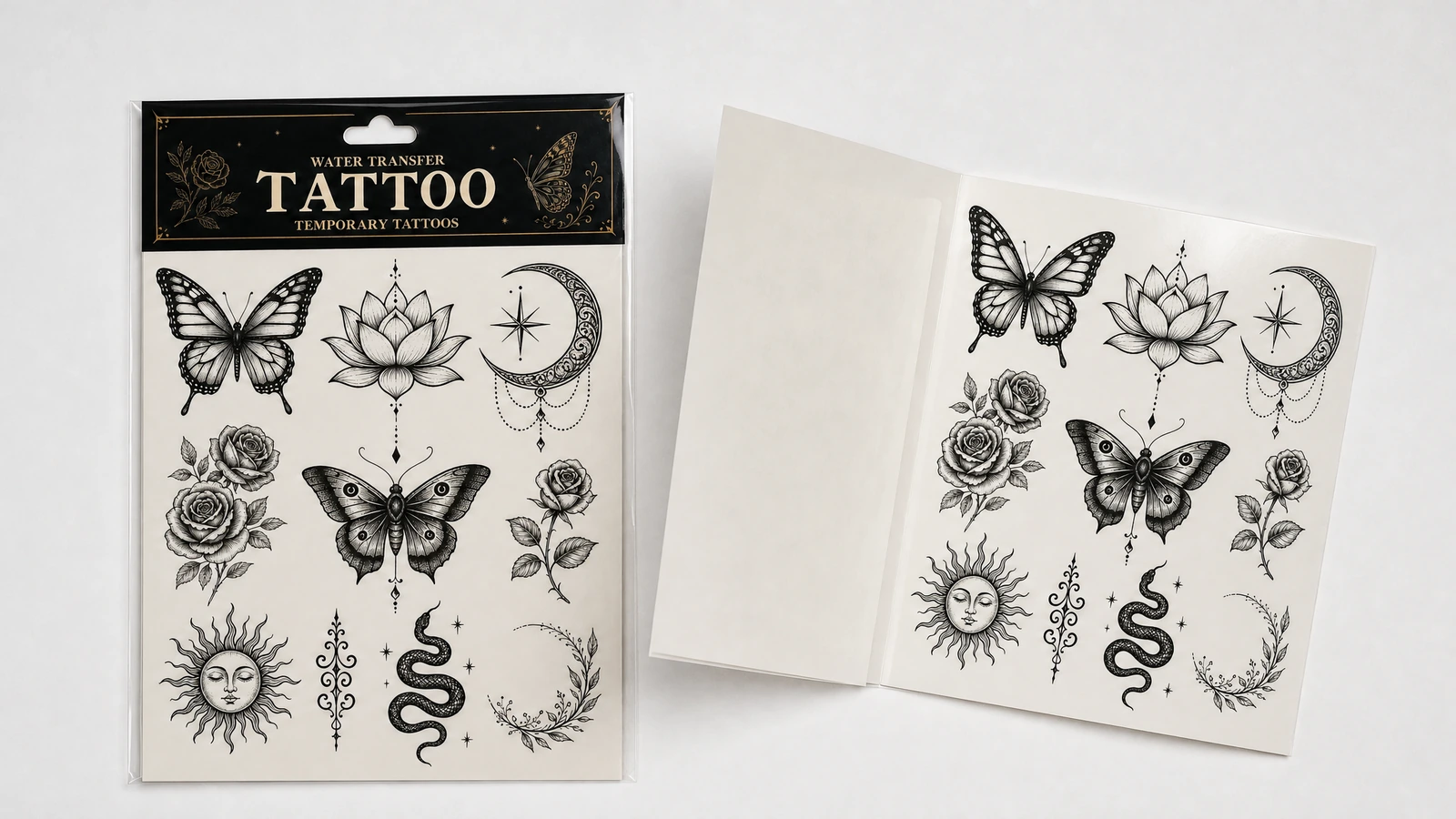 Verpackter Tattoo-Bogen neben Trägerpapier und einem unverpackten passenden Bogen