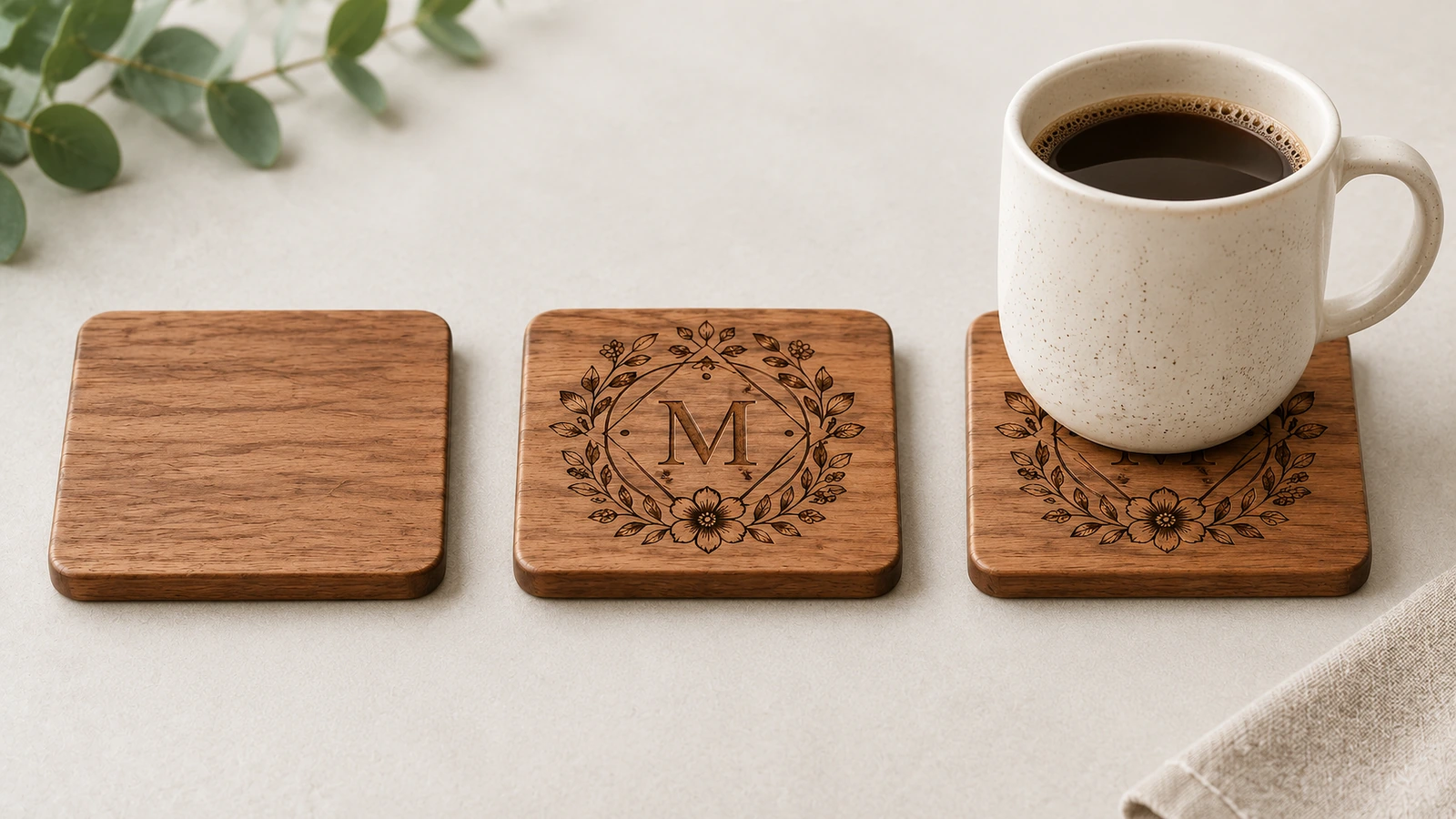 Schlichter Holzuntersetzer, Untersetzer mit Monogramm und ein Untersetzer unter einer Kaffeetasse