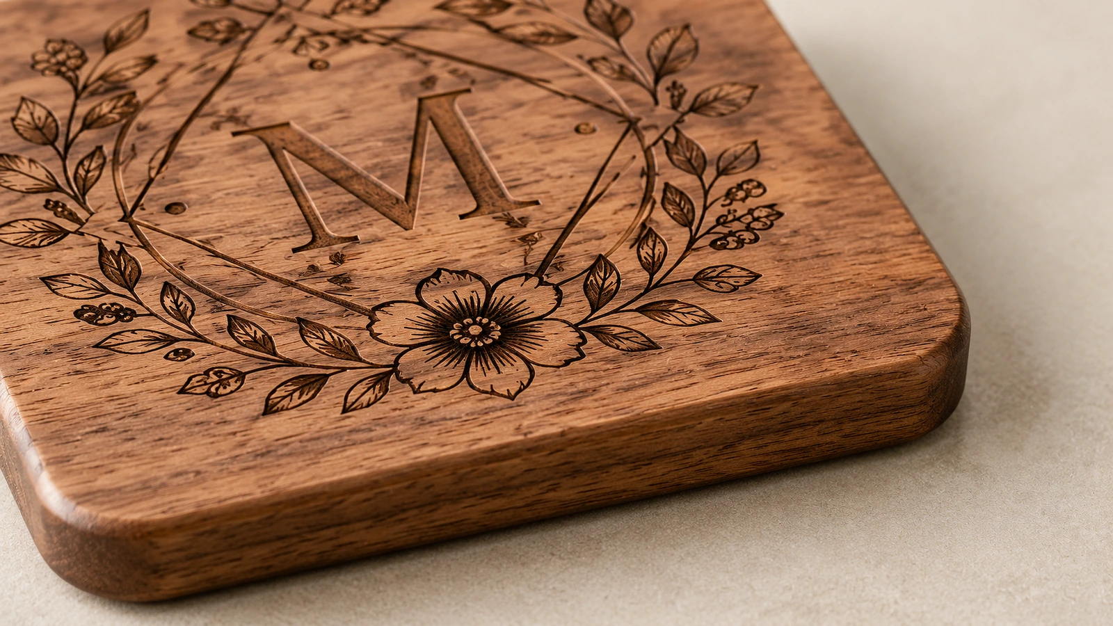 Nahaufnahme eines floralen Monogramms auf einem Holzuntersetzer mit abgerundeten Ecken