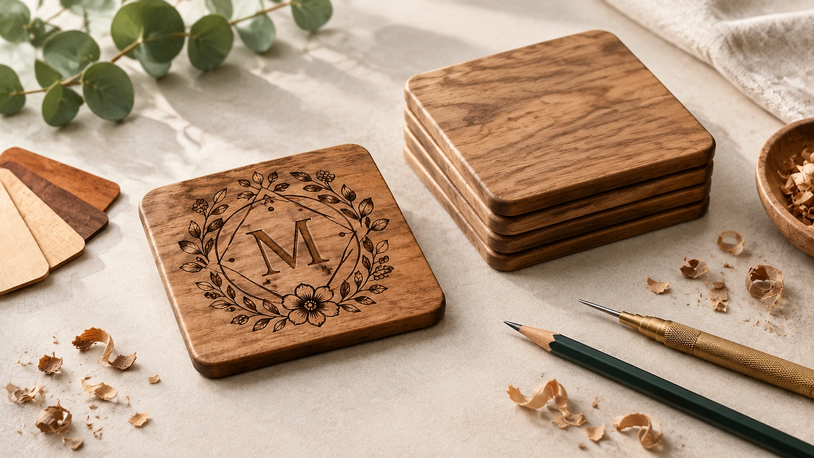 Quadratischer Holzuntersetzer mit Monogramm neben einem Stapel schlichter Untersetzer, Holzmuster und Bastelwerkzeug