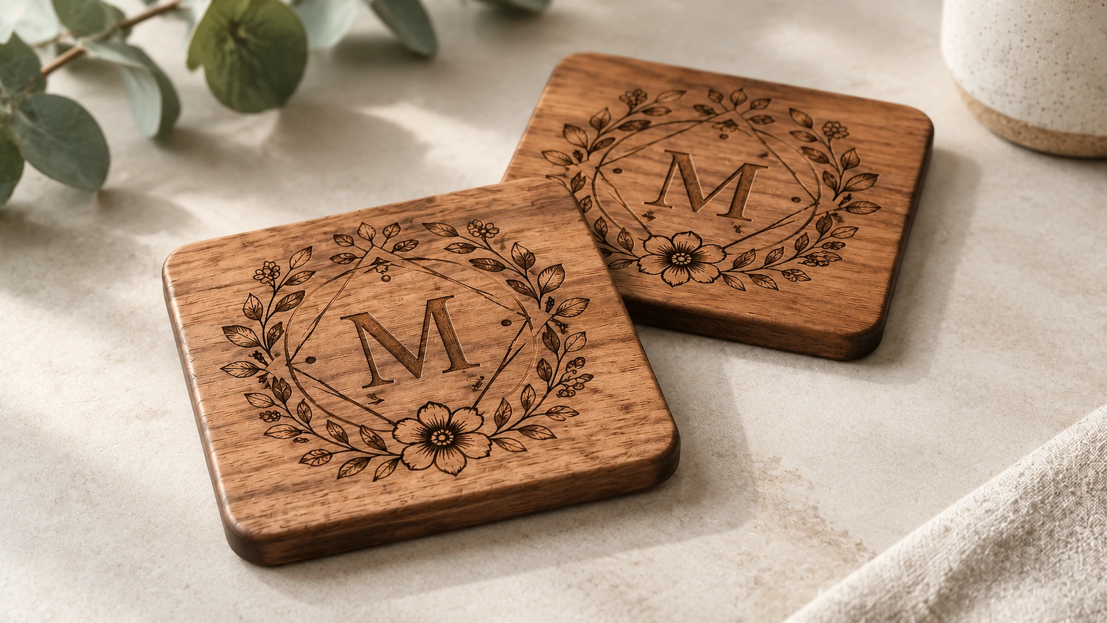 Zwei quadratische Holzuntersetzer mit eingraviertem floralem Monogramm auf einer Leinenunterlage