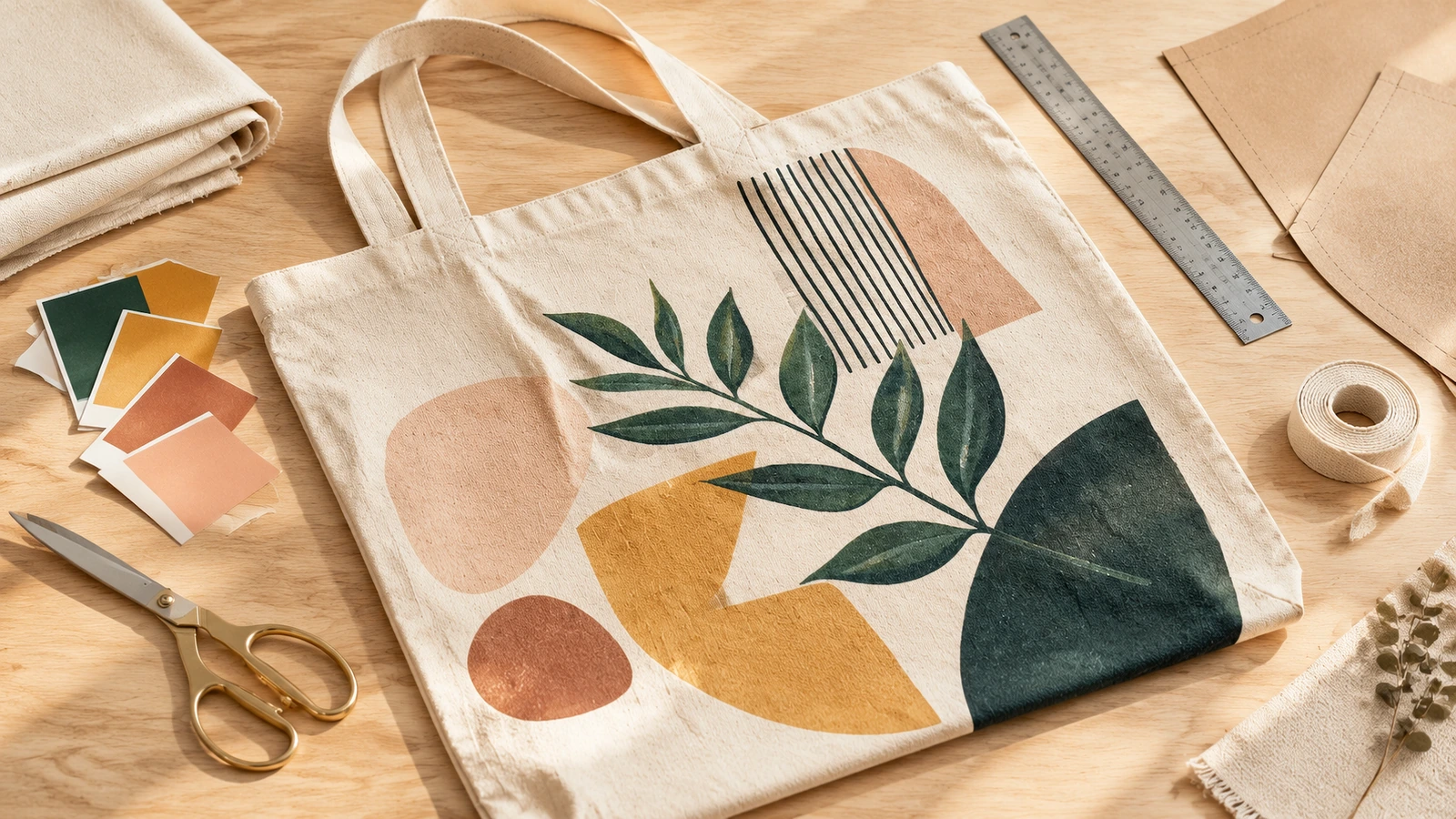 Canvas-Tragetasche mit Blatt- und geometrischem Motiv neben Farbmustern, Schere und Lineal