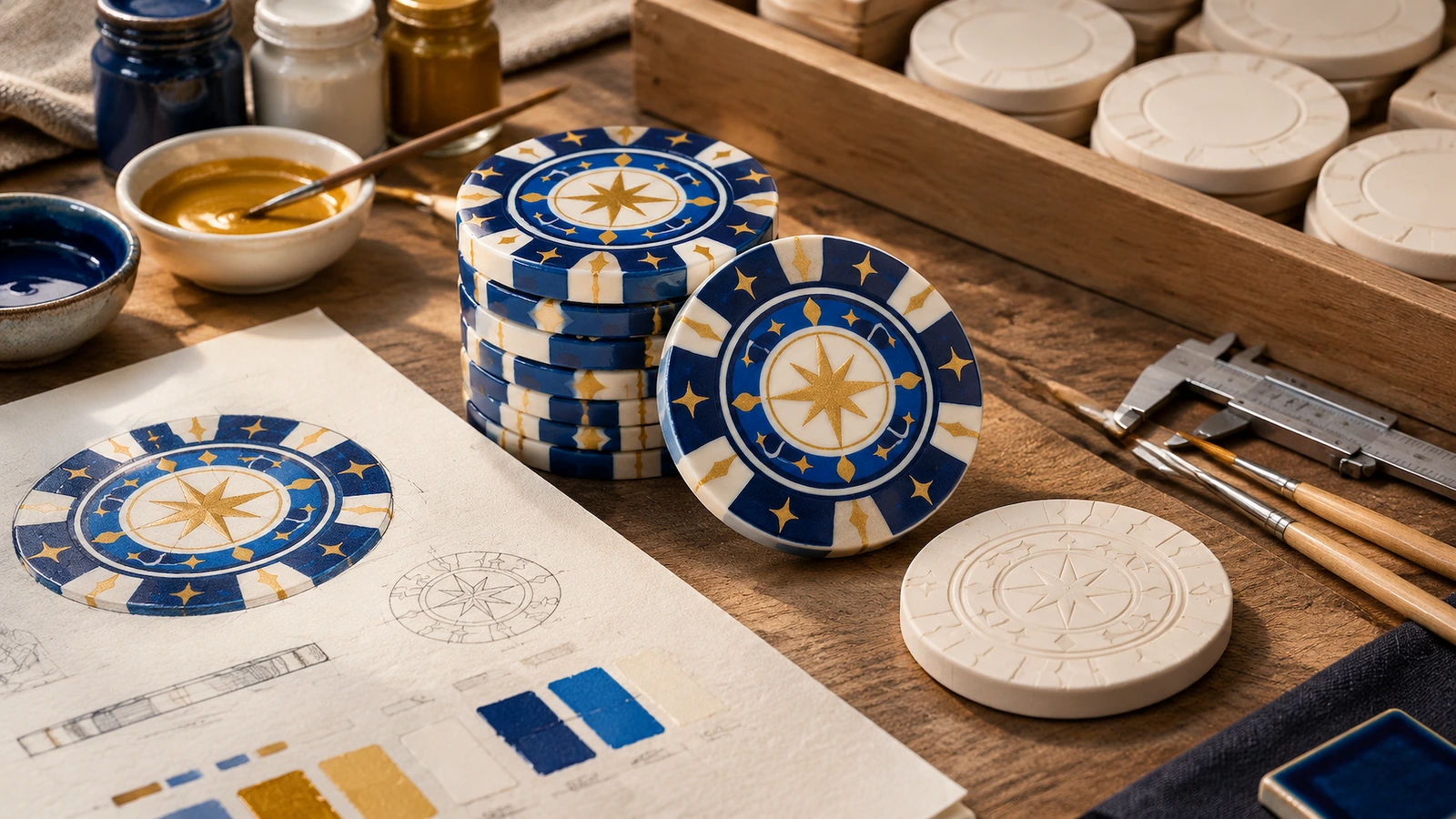 Blaue, weiße und goldene Sternmotiv-Scheiben sowie unbedruckte Rohlinge neben Farbe, Werkzeugen und Druckvorlagen