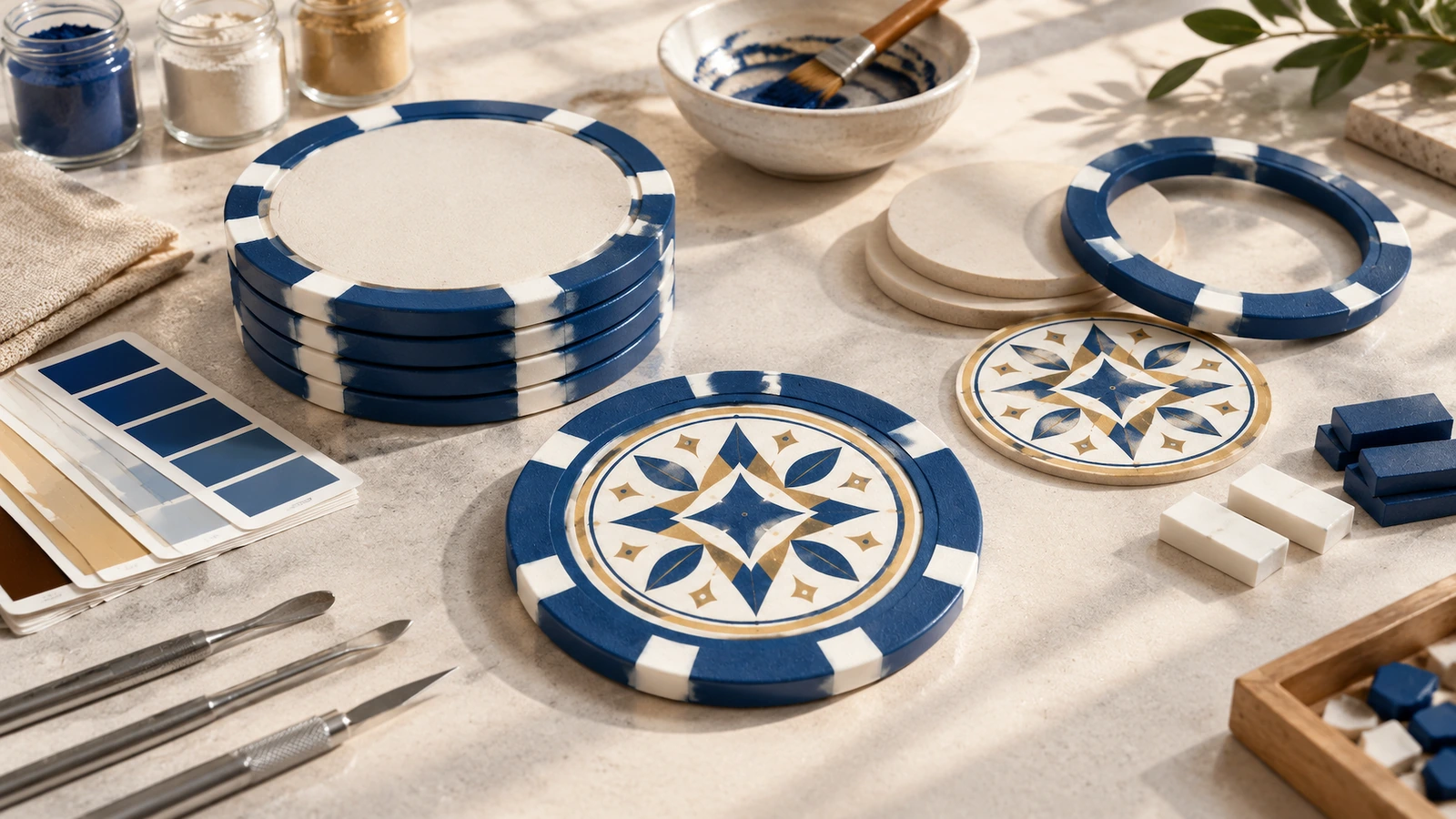 Blaue und weiße Poker-Chip-Komponenten und geometrische Frontdesigns neben Farbe und Bastelwerkzeug