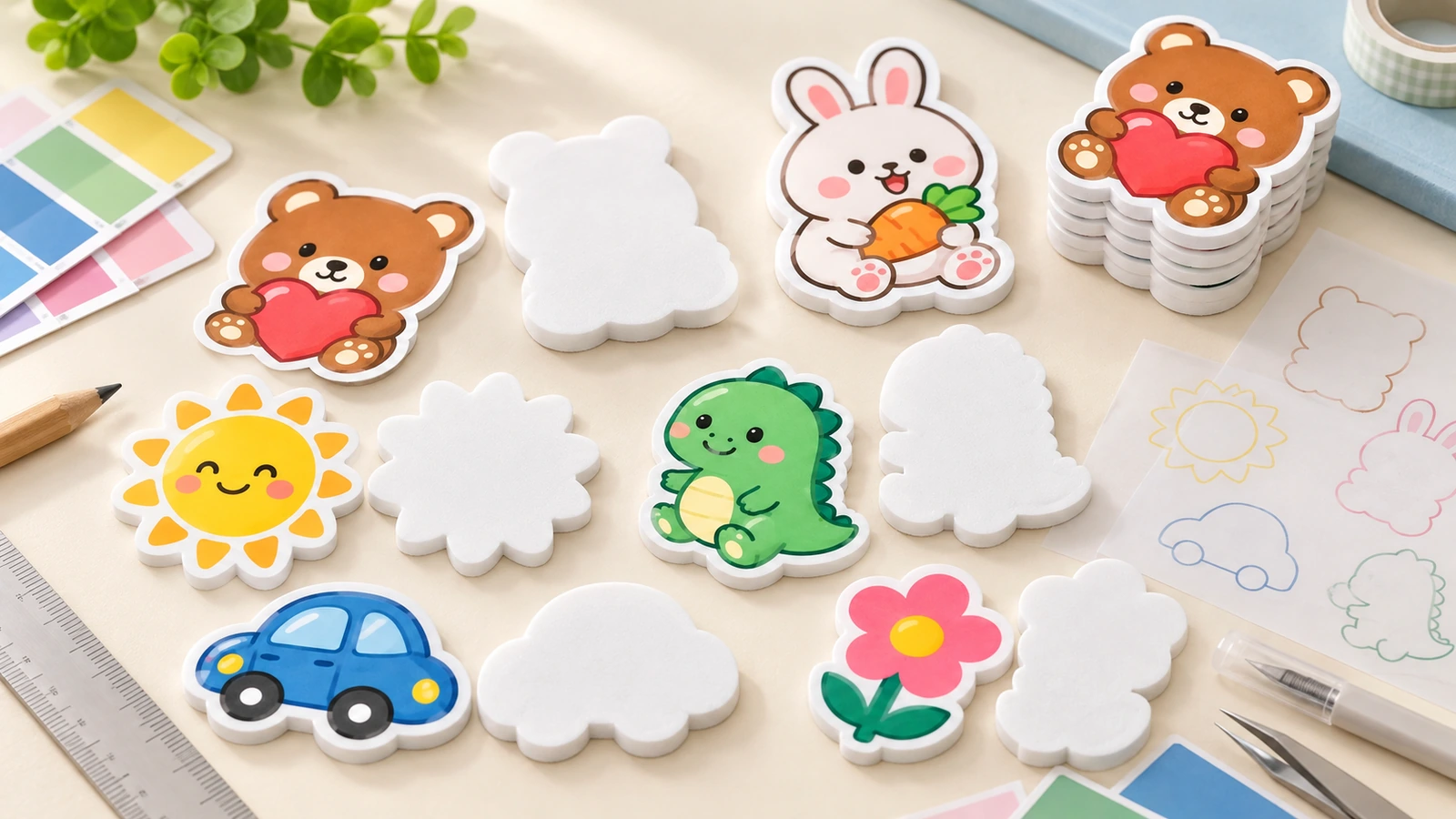 Bunte Schaumstoffsticker in Bär-, Hasen-, Dinosaurier-, Sonnen-, Auto- und Blumenform neben unbedruckten Stanzformen und Bastelwerkzeug
