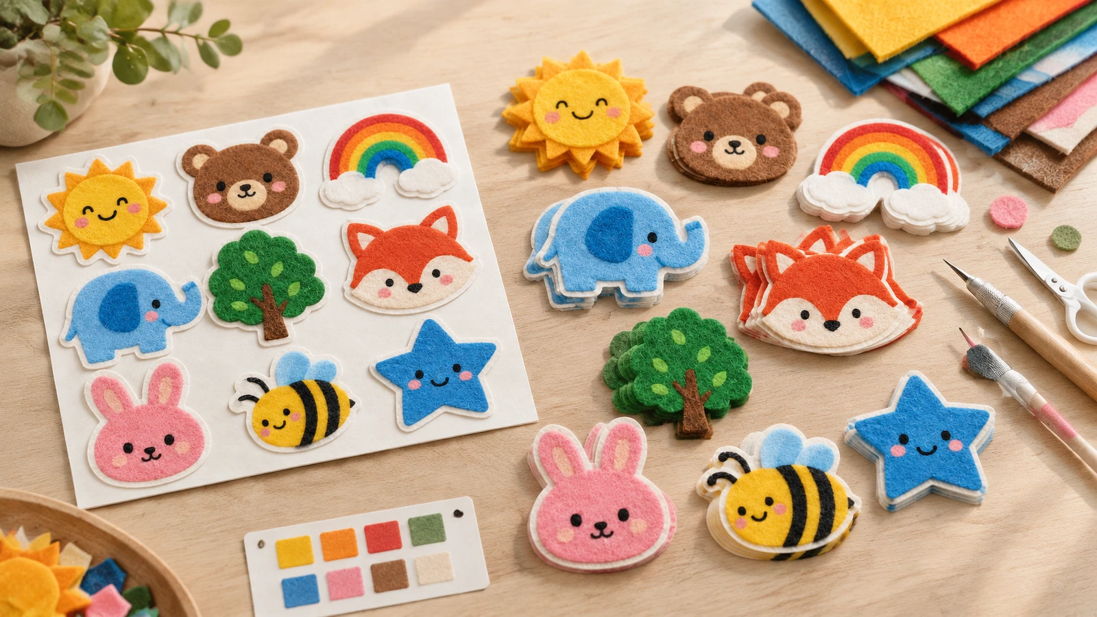 Bunte Filzsticker in Tier-, Regenbogen-, Sonnen- und Sternform auf einem weißen Bogen und einem Basteltisch neben Filzbögen, Schere und Farbmustern
