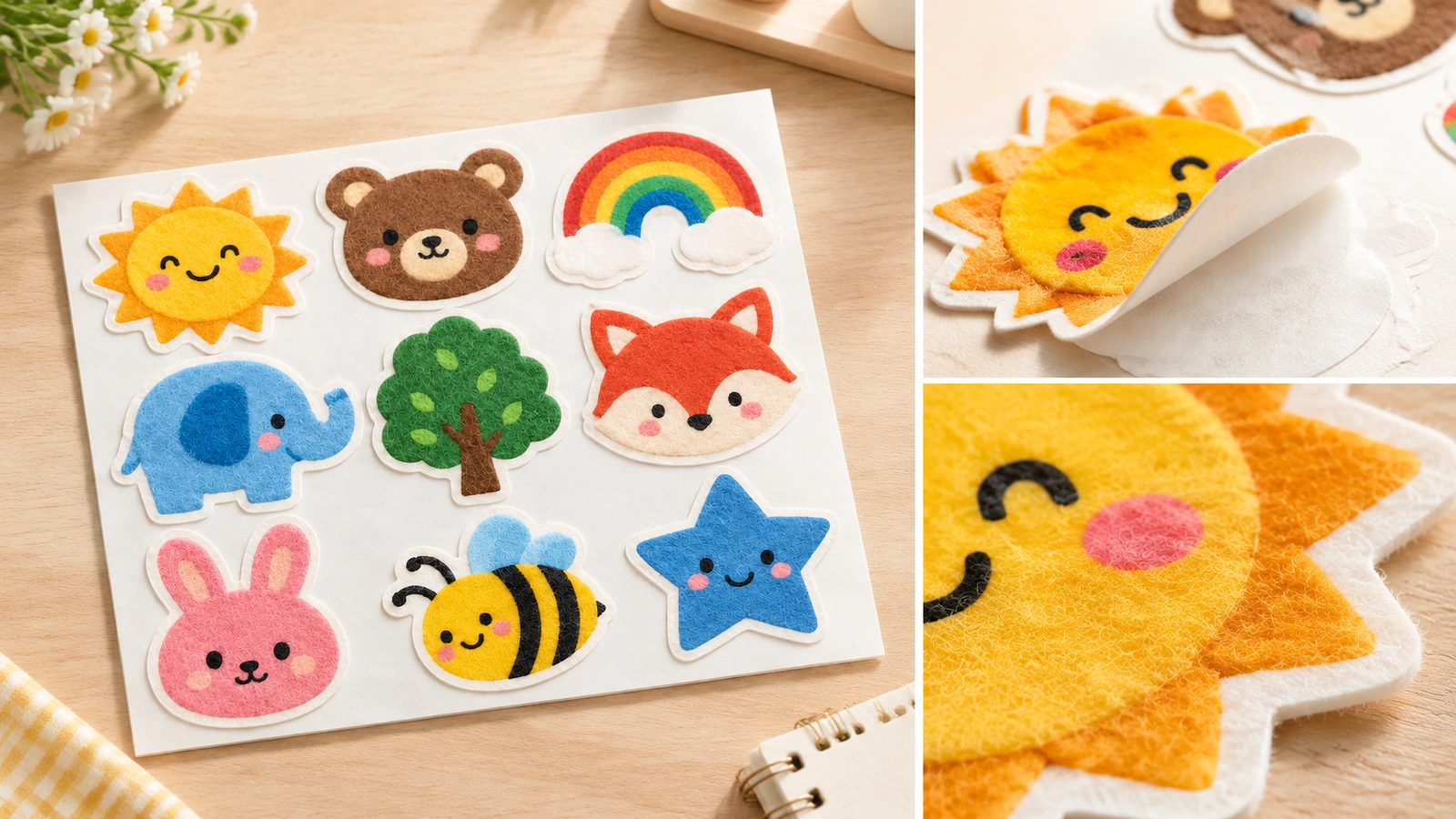Collage aus einem Cartoon-Filzstickerbogen mit Nahaufnahmen eines Sonnenstickers, der sich von seinem Trägerpapier löst, und seiner strukturierten Kante