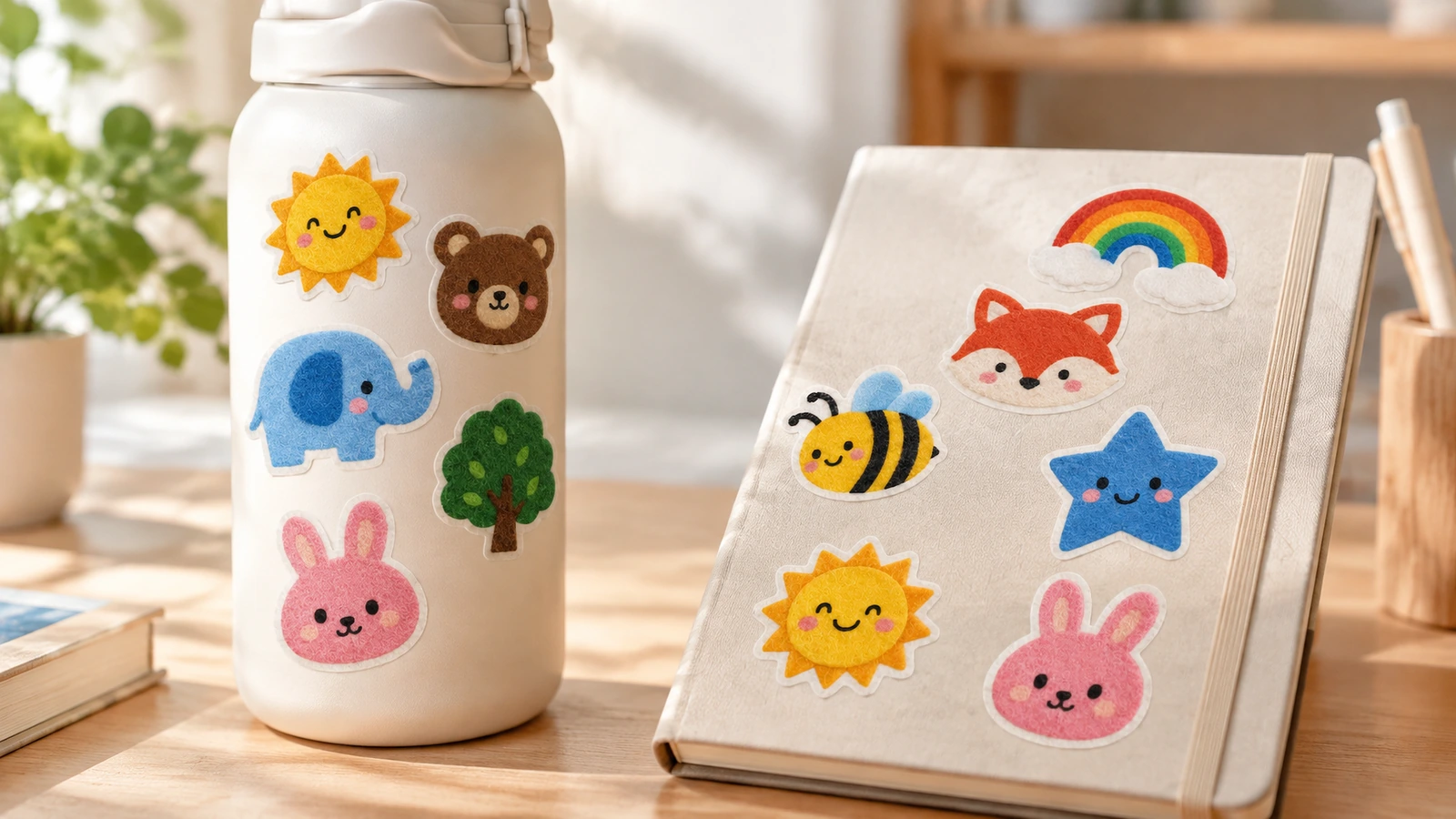 Bunte Cartoon-Filzsticker verzieren eine weiße Flasche und ein helles Notizbuch auf einem Schreibtisch