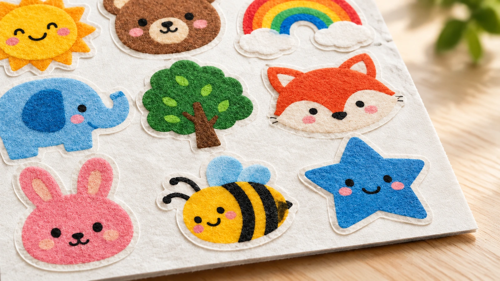 Nahaufnahme strukturierter Filzsticker in Tier-, Regenbogen-, Sonnen- und Sternform, angeordnet auf einem weißen Trägerbogen