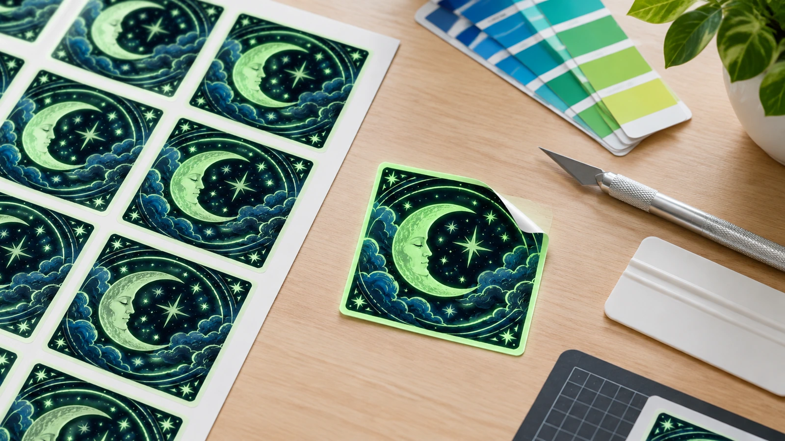 Motiv des Mond-und-Sterne-Stickers Mond-und-Sterne-Stickerbogen und loser quadratischer Sticker neben einem Bastelmesser und Farbmustern