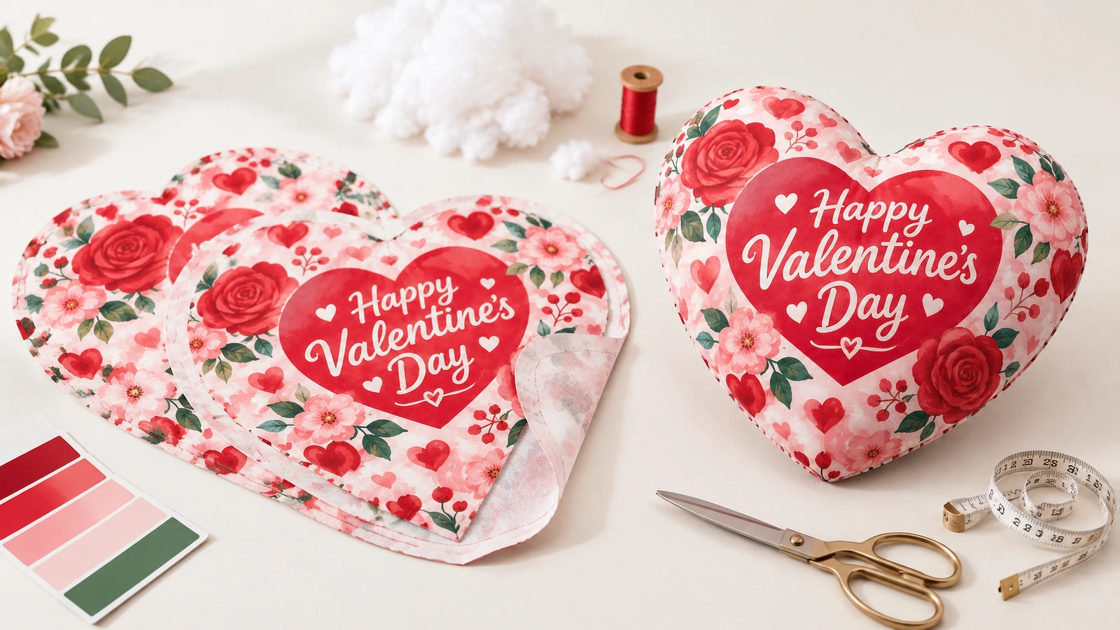 Florale Valentinstags-Herzkissen-Panels und ein gefülltes Kissen neben Nähzubehör