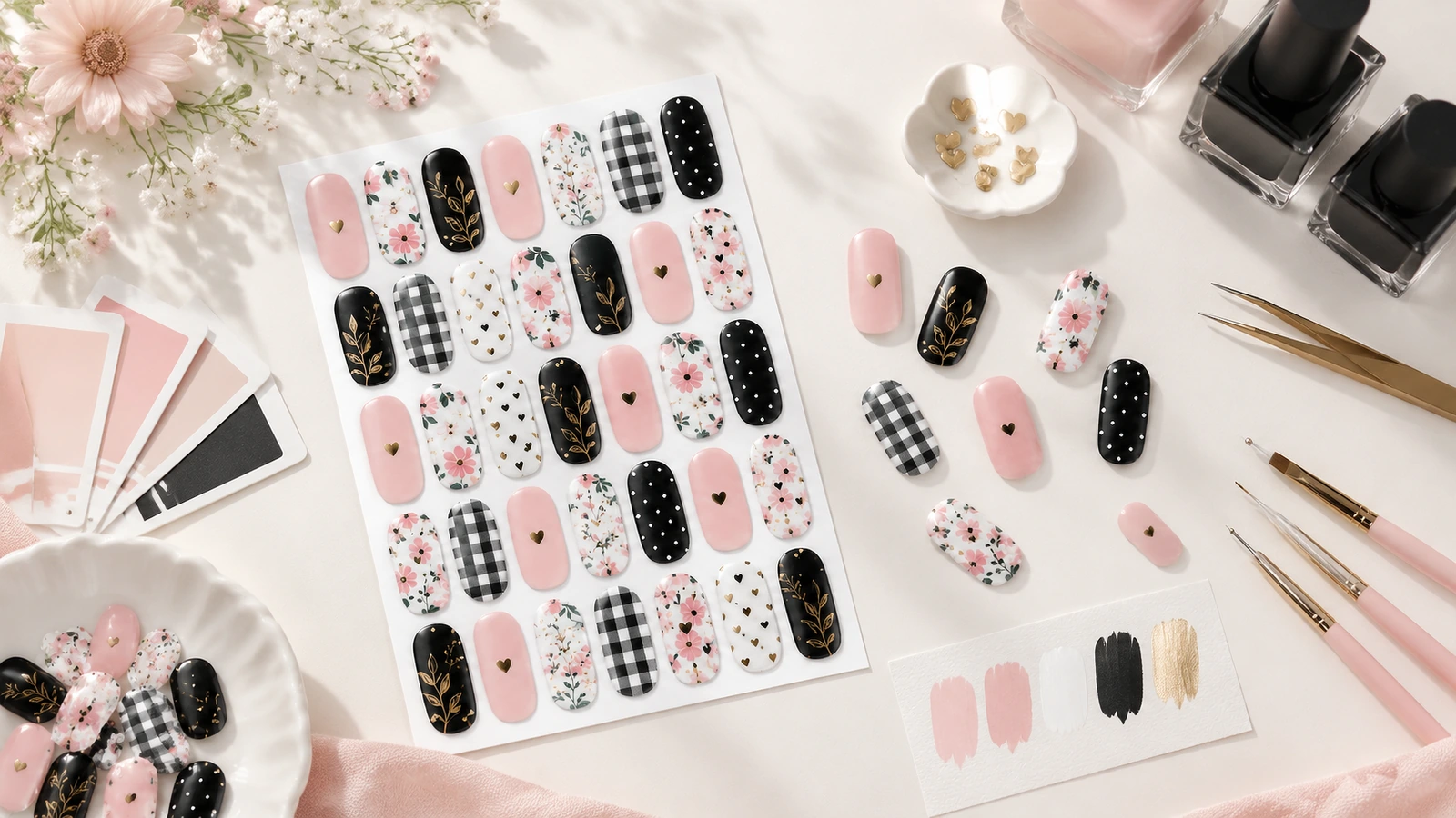 Nageldesign-Bogen mit rosa, schwarzen, floralen und Vichykaro-Mustern neben Nagellackflaschen und Werkzeugen