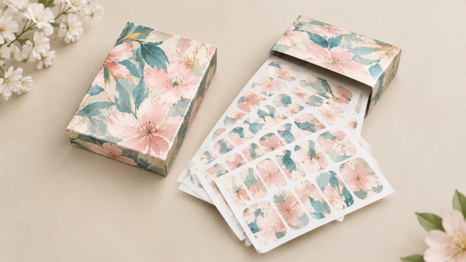 Mehrere Blumenmuster-Nagel-Wrap-Bögen zusammen mit passenden Schachteln ausgestellt