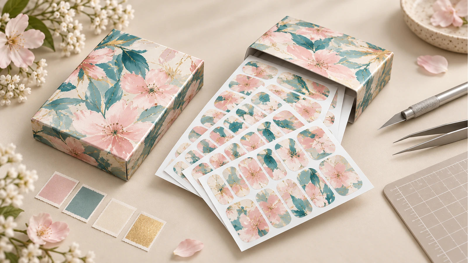 Blumenmuster-Nagel-Wrap-Bögen, die aus passenden bedruckten Schachteln neben Farbmustern und Werkzeugen hervorgezogen werden