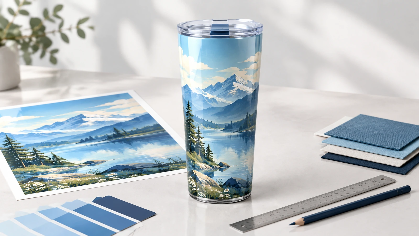 Kunststoff-Tumbler mit Bergdesign neben einem Designblatt, blauen Farbmustern, einem Lineal und Notizbüchern