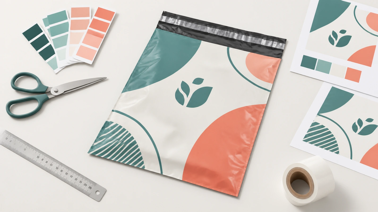 Illustration einer grün, creme und korallfarben bedruckten Versandtasche neben Farbmustern, Druckvorlagen und Werkzeugen