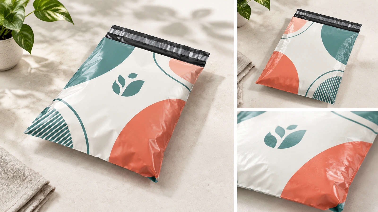 Collage einer gefüllten bedruckten Versandtasche mit Nahaufnahmen von Druckmotiv und Oberfläche