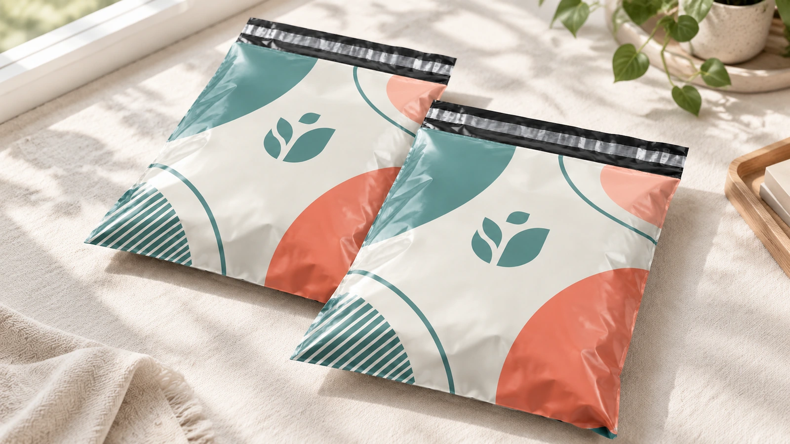 Illustration von zwei gefüllten bedruckten Versandtaschen auf einem mit Stoff bezogenen Tisch