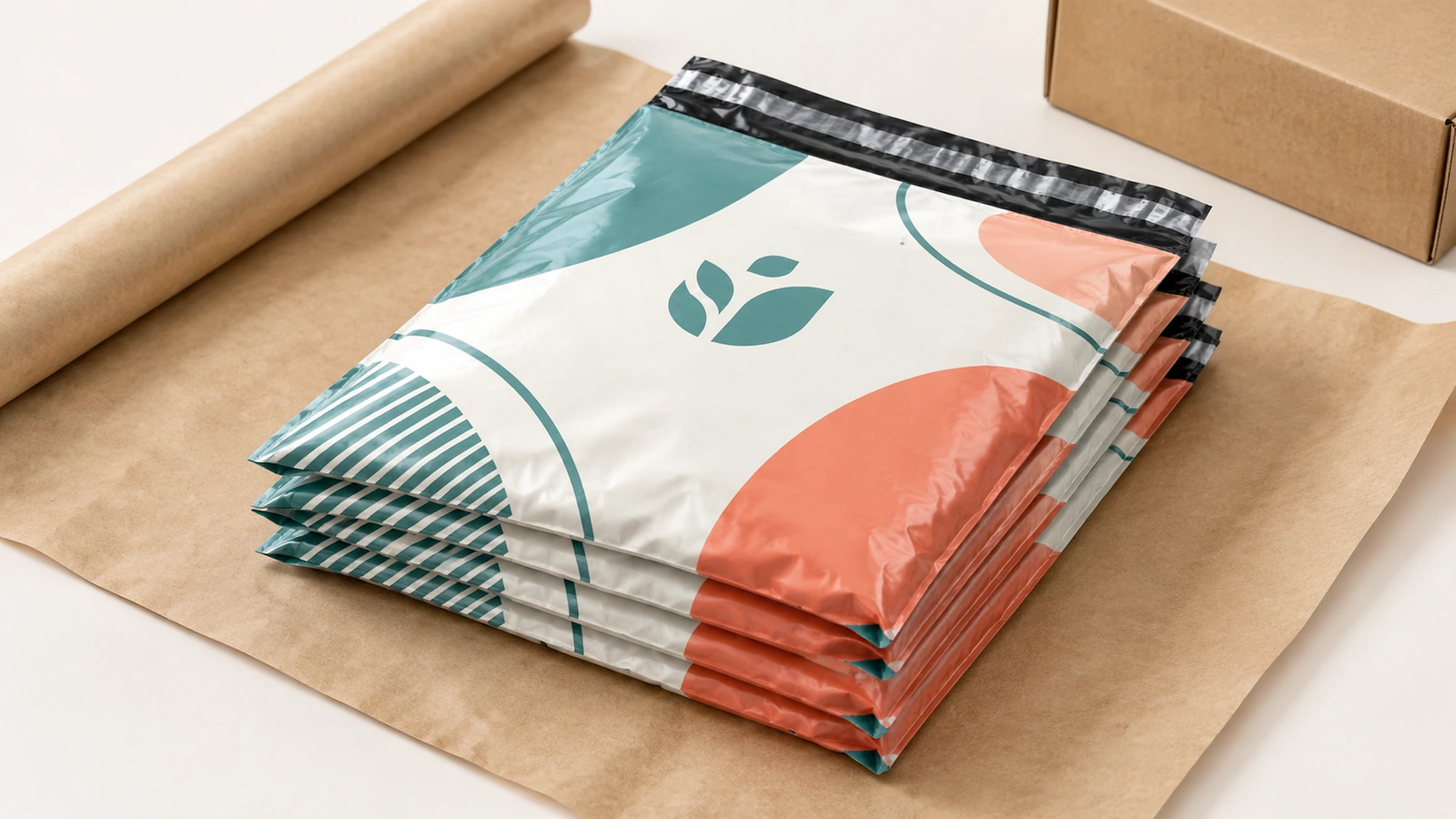 Illustration gestapelter bedruckter Versandtaschen auf Kraftpapier neben einem Karton