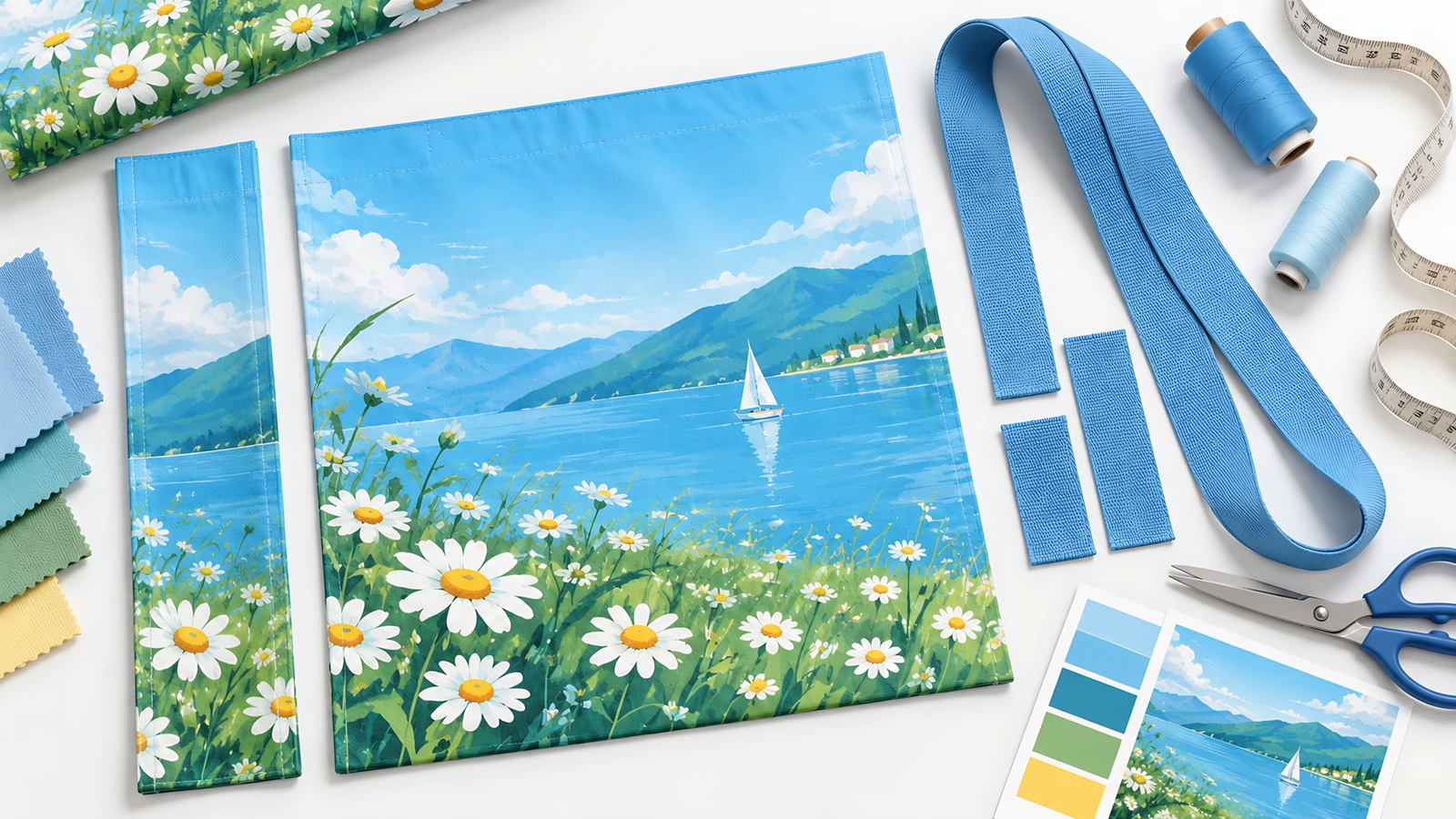 Bedruckte Taschenstoffteile mit See-und-Gänseblümchen-Muster, blaue Henkel und Nähwerkzeuge, auf einem Tisch ausgelegt