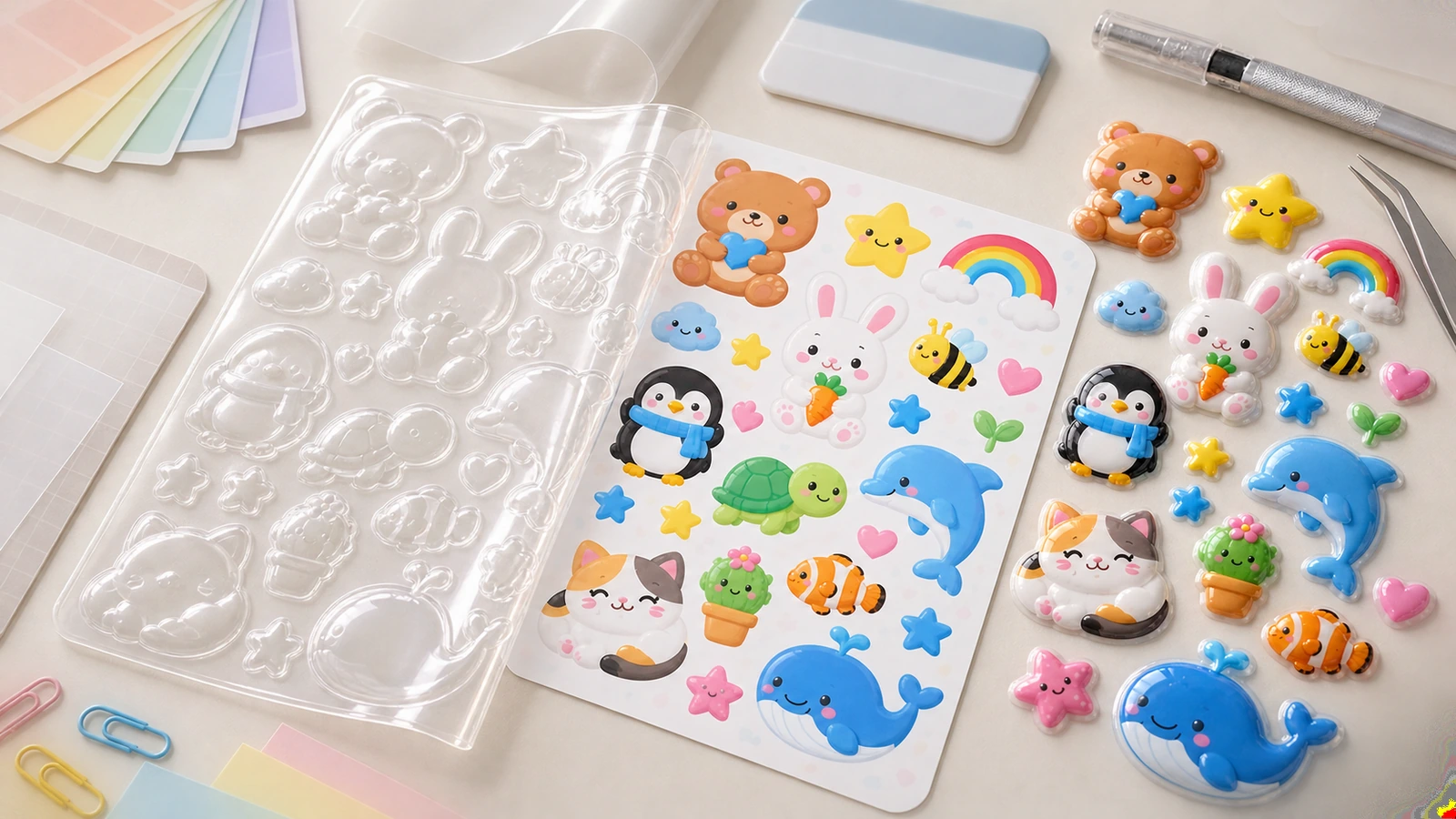 Bunte Tier-Puffy-Sticker-Bögen neben einem leeren, klaren Tablett auf einem Schreibtisch