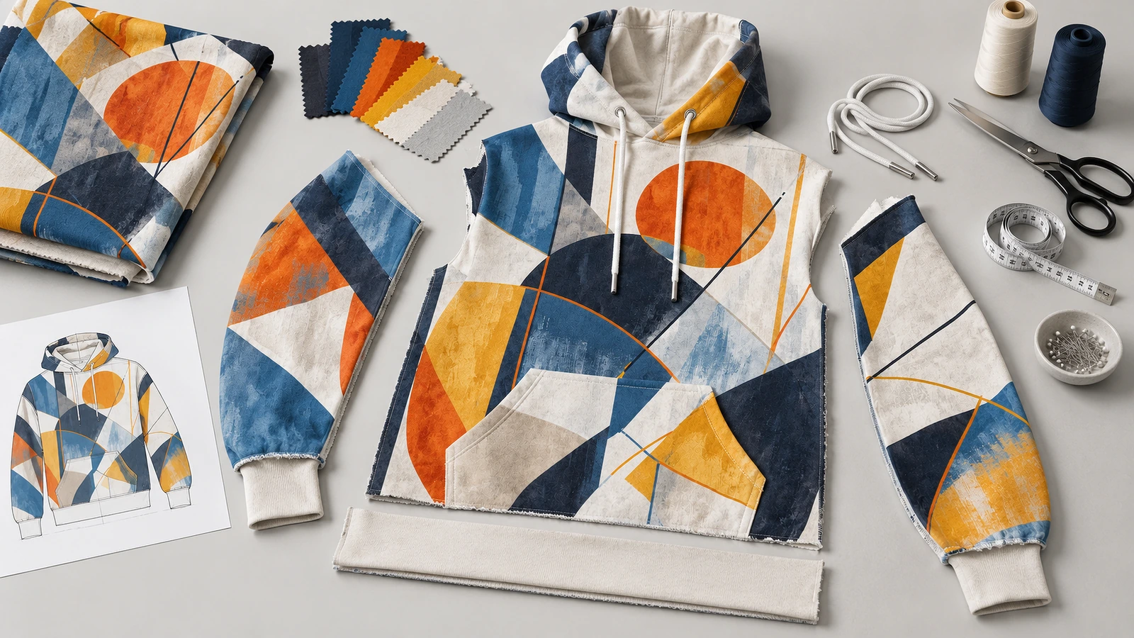 Pullover-Hoodie mit geometrischem Druck, passenden Stoffteilen, Stoffmustern, Kordelzügen und Nähwerkzeugen