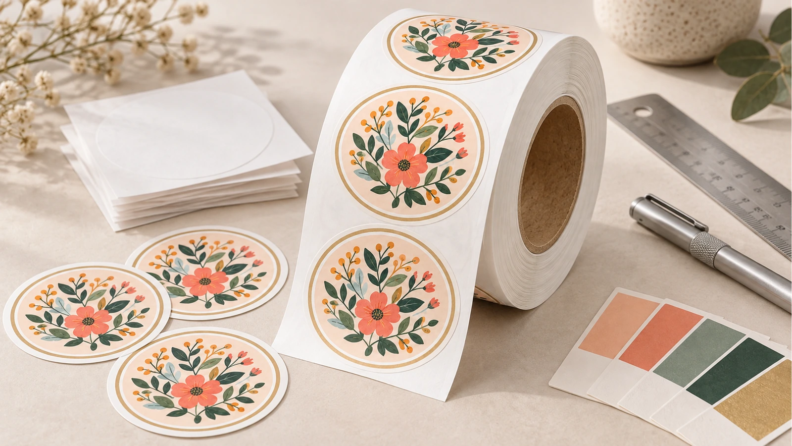 Runde Blumenmotiv-Etiketten auf einer Rolle neben losen Etikettenmustern, leeren Bögen, einem Lineal, einem Stift und Farbmustern