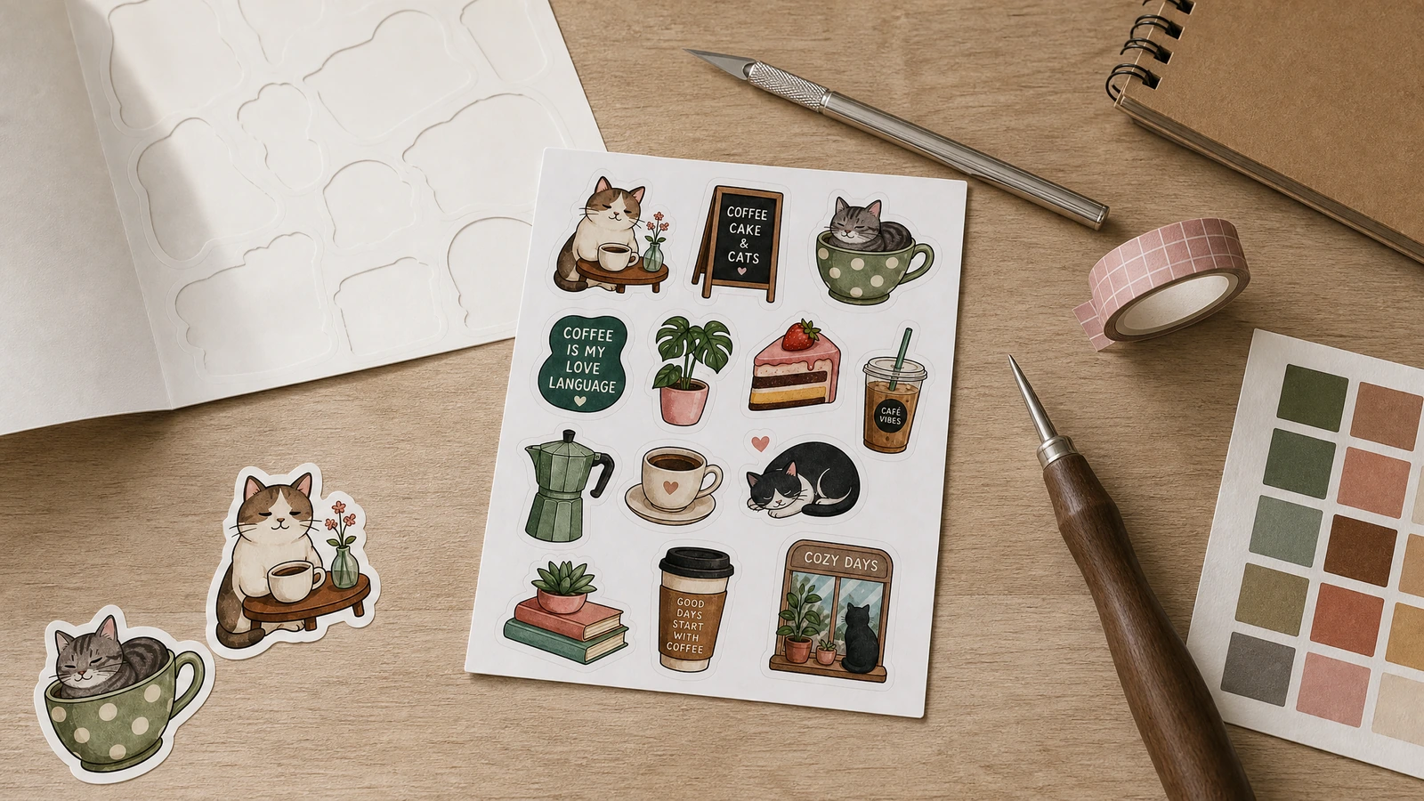 Stickerbogen mit Katzen- und Kaffeemotiv auf einem Schreibtisch Stickerbogen mit Katzen- und Kaffeemotiven auf einem Schreibtisch mit losen Stickern, Schneidwerkzeugen und Farbmustern