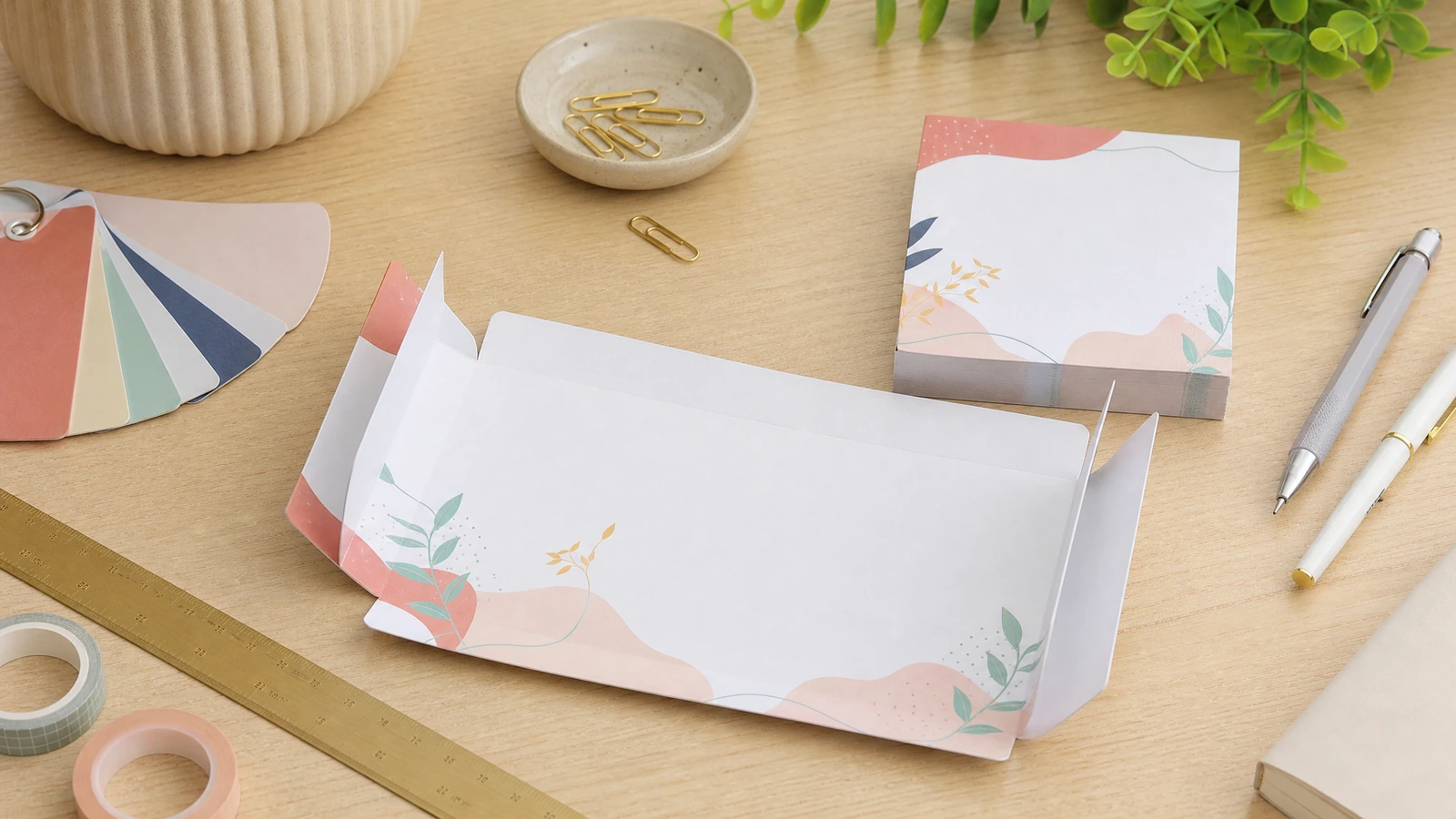 Bedruckte Notizblöcke mit Blumenmotiv und gefaltete Papierbögen mit Stiften und Farbmustern auf einem Schreibtisch