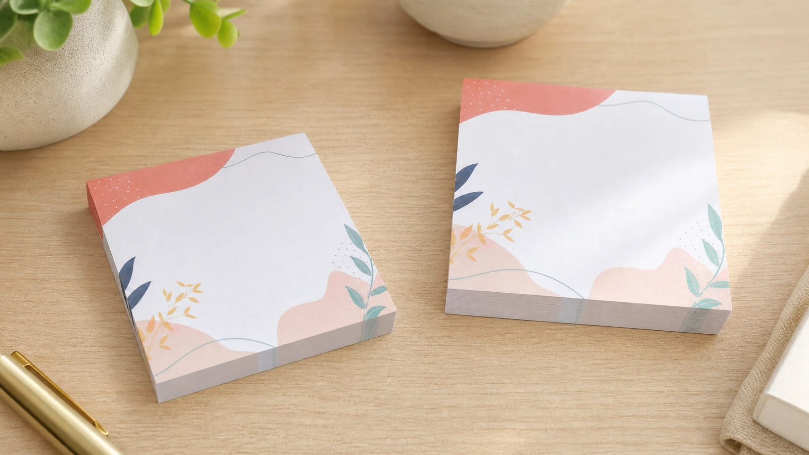Zwei bedruckte Notizblöcke mit Blumenmotiv neben Stiften auf einem Holzschreibtisch