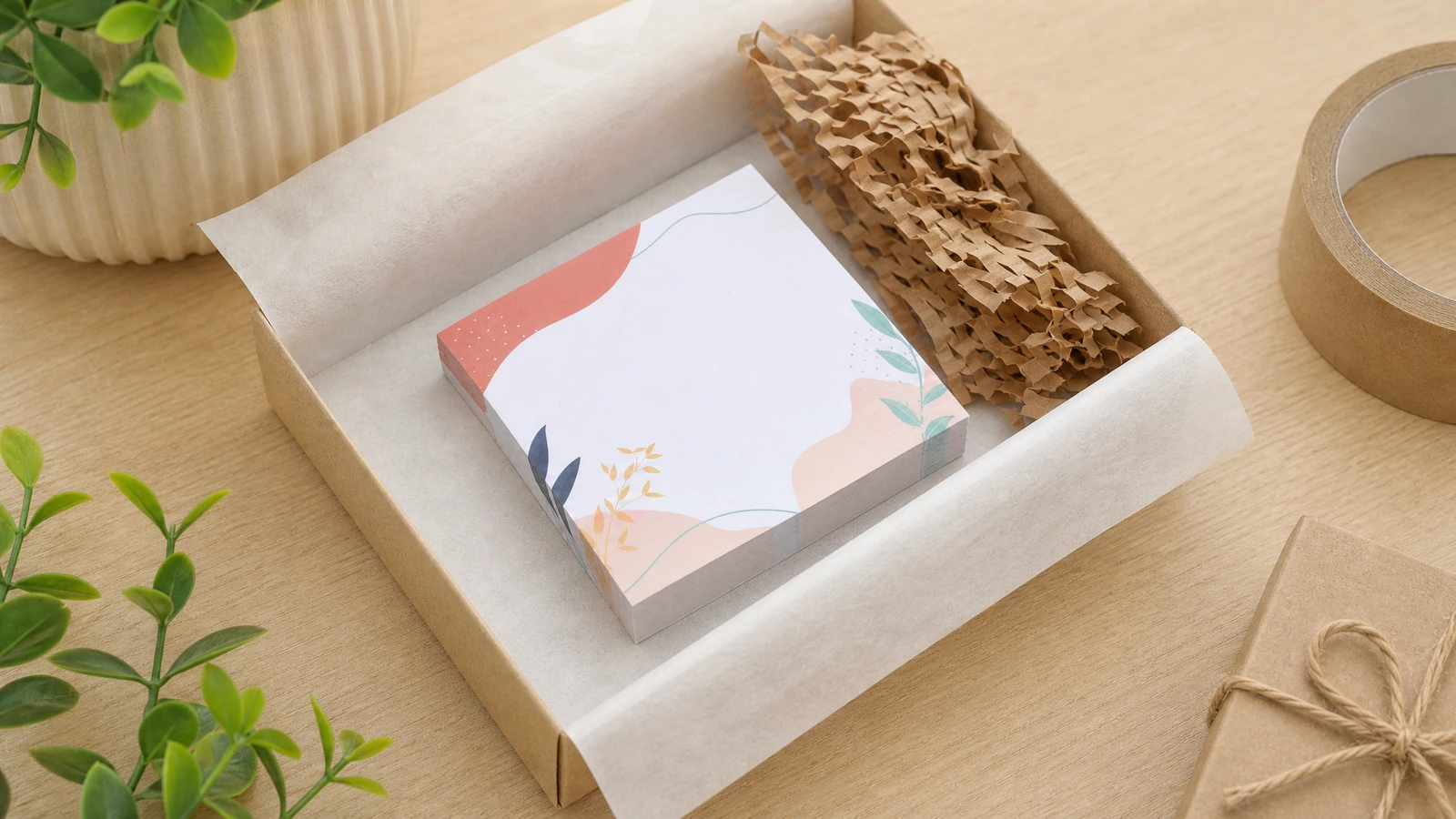 Bedruckter Notizblock in einer mit Seidenpapier ausgelegten Schachtel mit Wabenpapier-Polsterung
