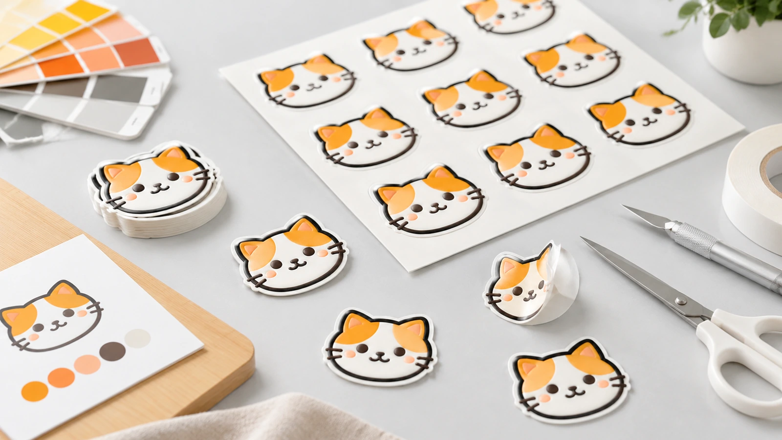 Katzengesicht-Sticker auf Bögen und als Einzelstücke neben Farbmustern und Bastelwerkzeugen