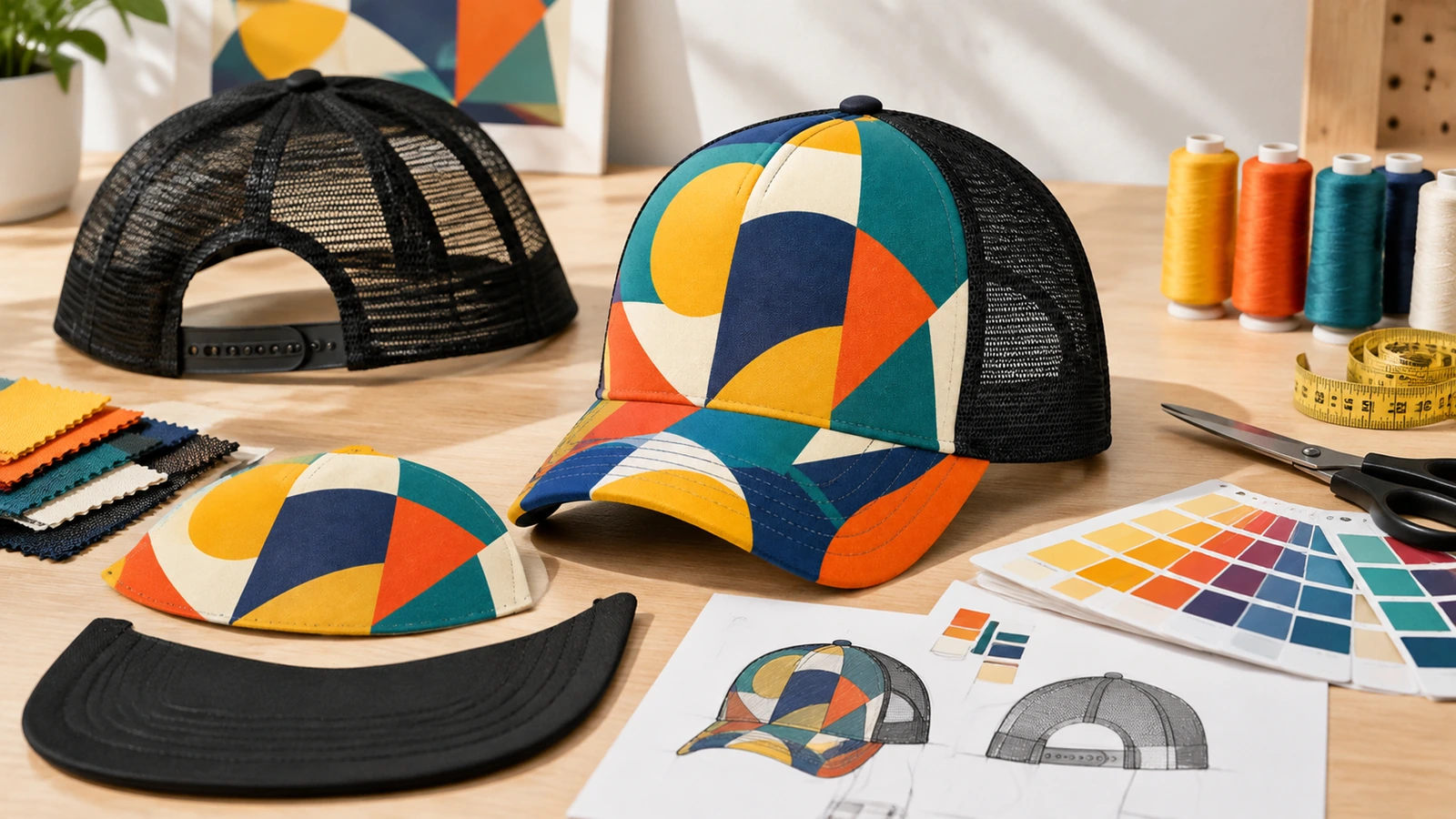 Caps mit geometrischem Druck und Netzrücken neben Cap-Einzelteilen sowie Garn- und Farbmustern