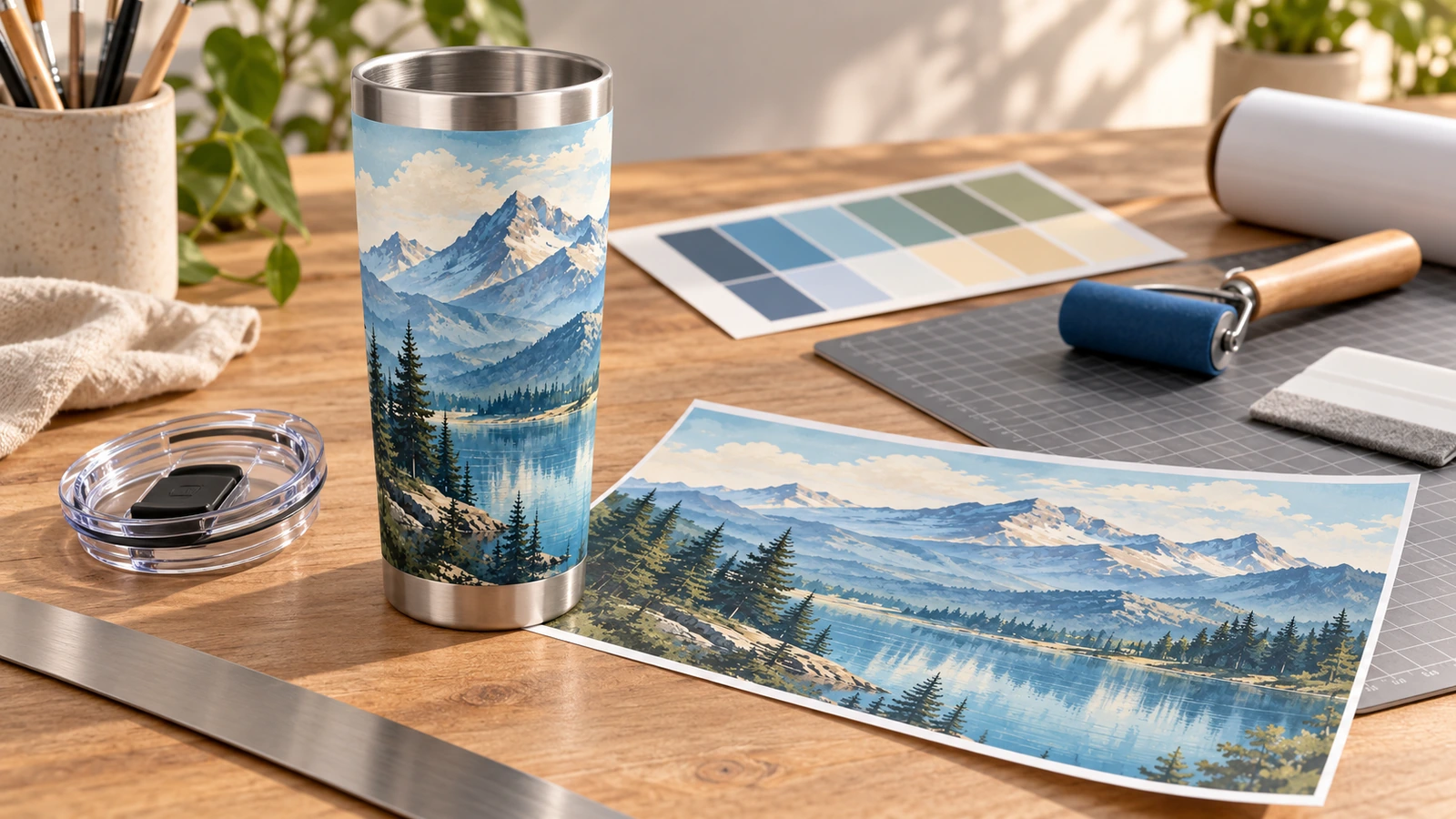 Tumbler mit Bergmotiv neben einem abnehmbaren klaren Deckel, einem Motivbogen und Farbmustern
