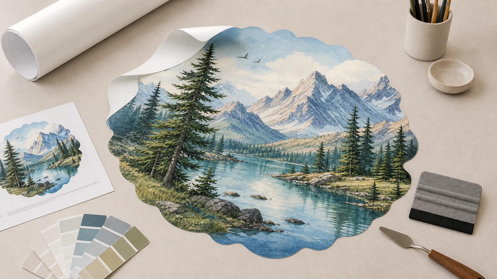 Berg-und-See-Wandtattoo und Gestaltungsmaterialien Berg-und-See-Wandtattoo auf einem Arbeitstisch mit einem bedruckten Muster, Farbmustern und einem Rakel