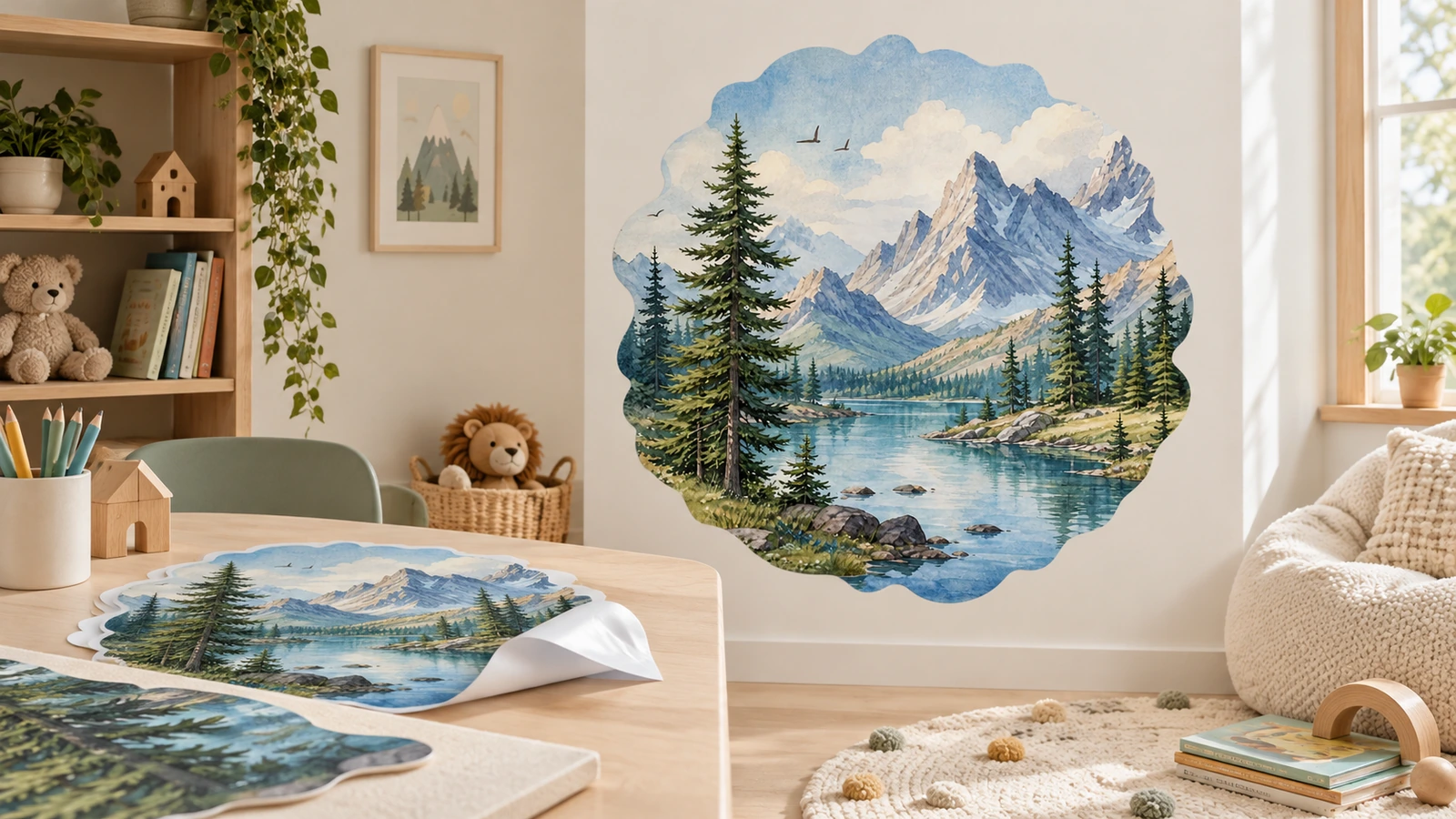 Berg-und-See-Wanddekoration mit passenden Wandtattoo-Bögen Berg-und-See-Wandtattoo an der Wand eines Kinderzimmers, dazu passende Wandtattoo-Bögen auf dem Tisch